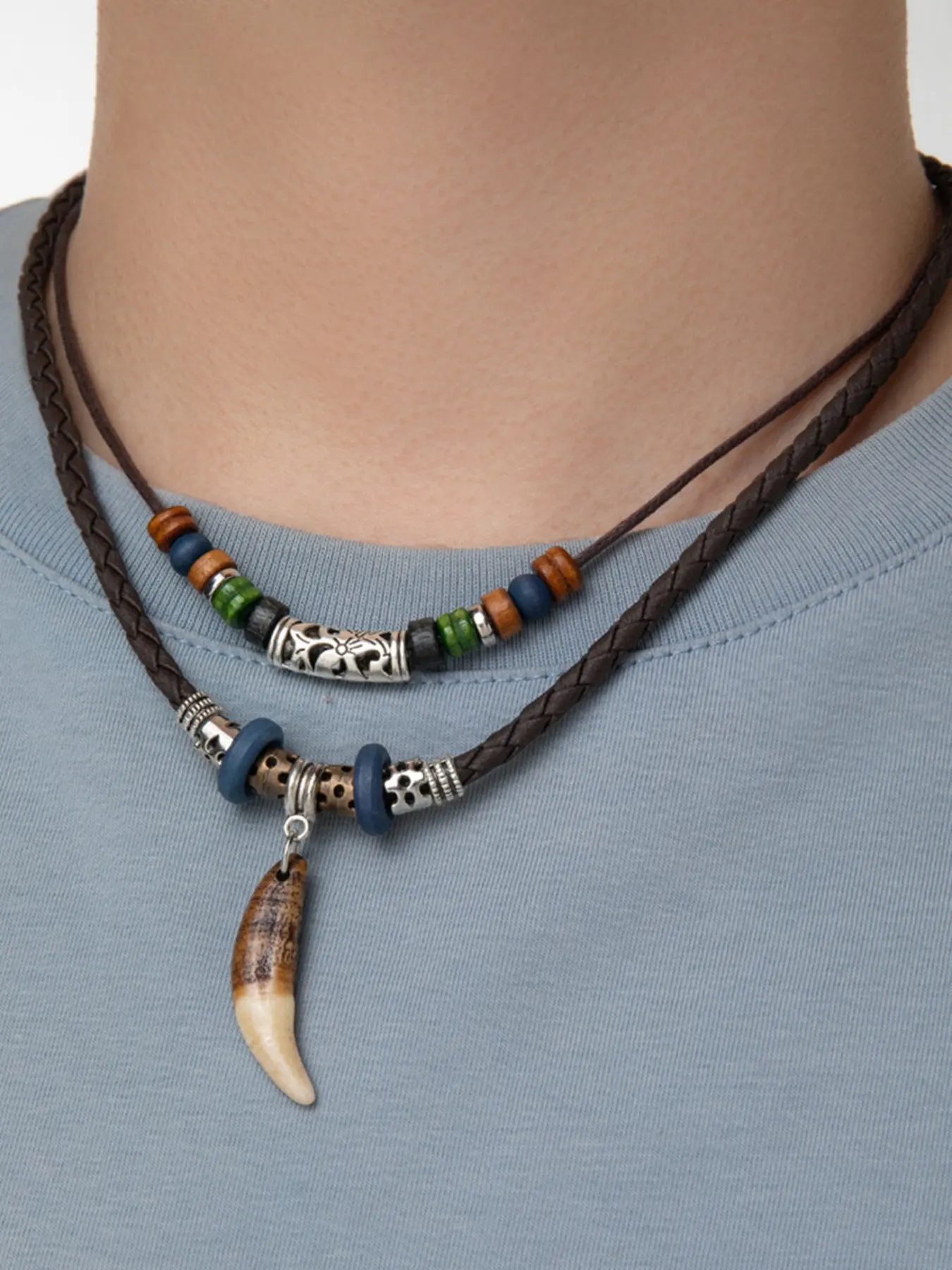 Vintage Alloy Cross Heart Arrow Wolf Tooth Pendant, Silver Color Beaded Necklace, Waterproof Wax String Leather Rope, Men's Jewelry