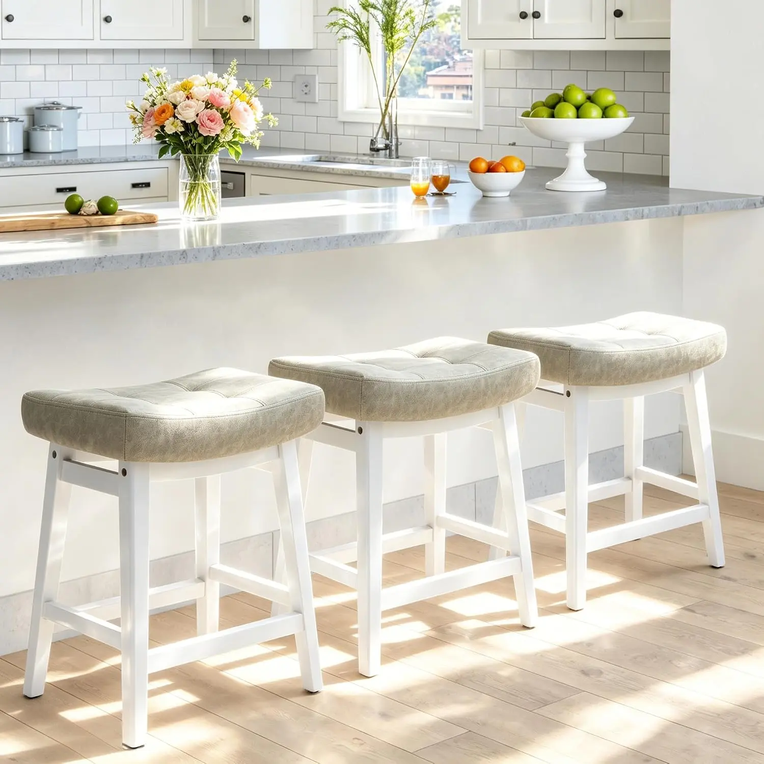 FREKEN 24-Inch Black Counter Height Bar Stools (Set of 1/2/3) - Modern Backless, Without Arms Farmhouse Indoor Furniture with Upholstered Seat, Faux Leather & Solid Wood Legs for Kitchen Counter