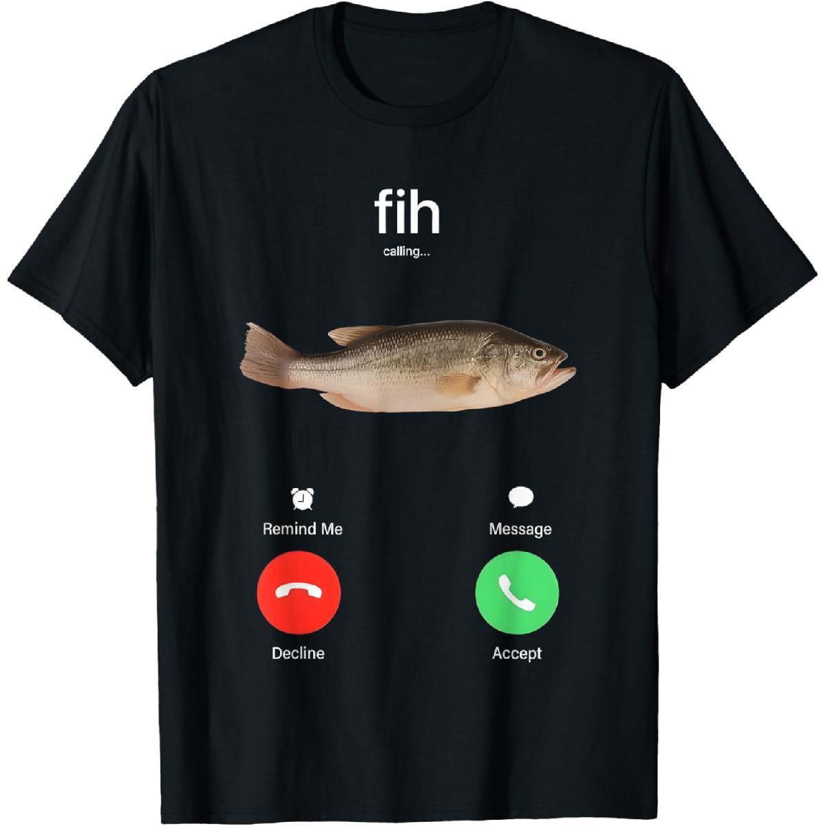 Funny Fish Calling Phone Print T Shirt, Casual Cotton Tops, Novelty Gift for Men