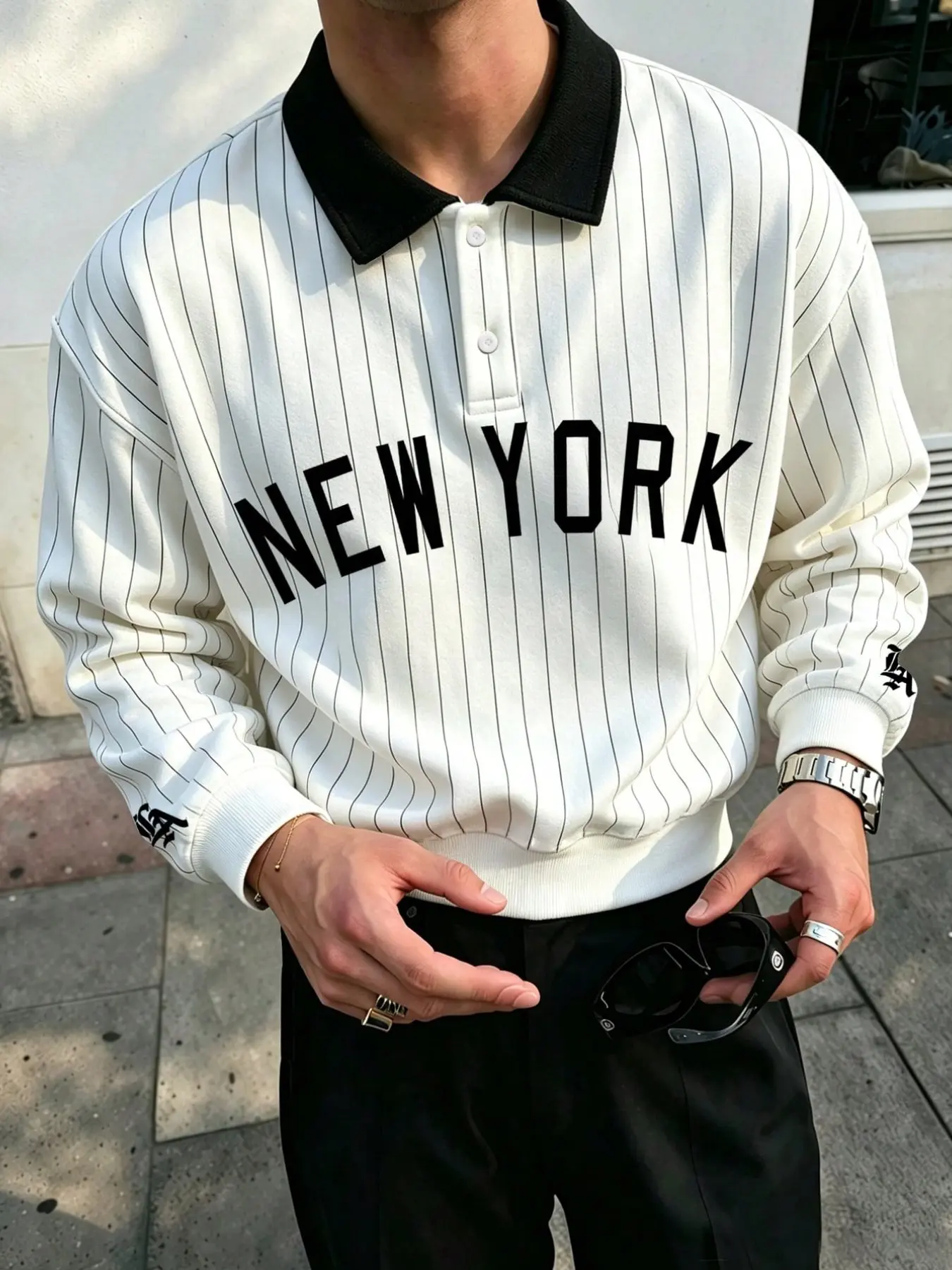 Men's New York Print Striped Polo Sweatshirt, Colorblock Neck Long Sleeve Button Up, Vintage Baseball Style Casual Sweatshirt for Fall Winter