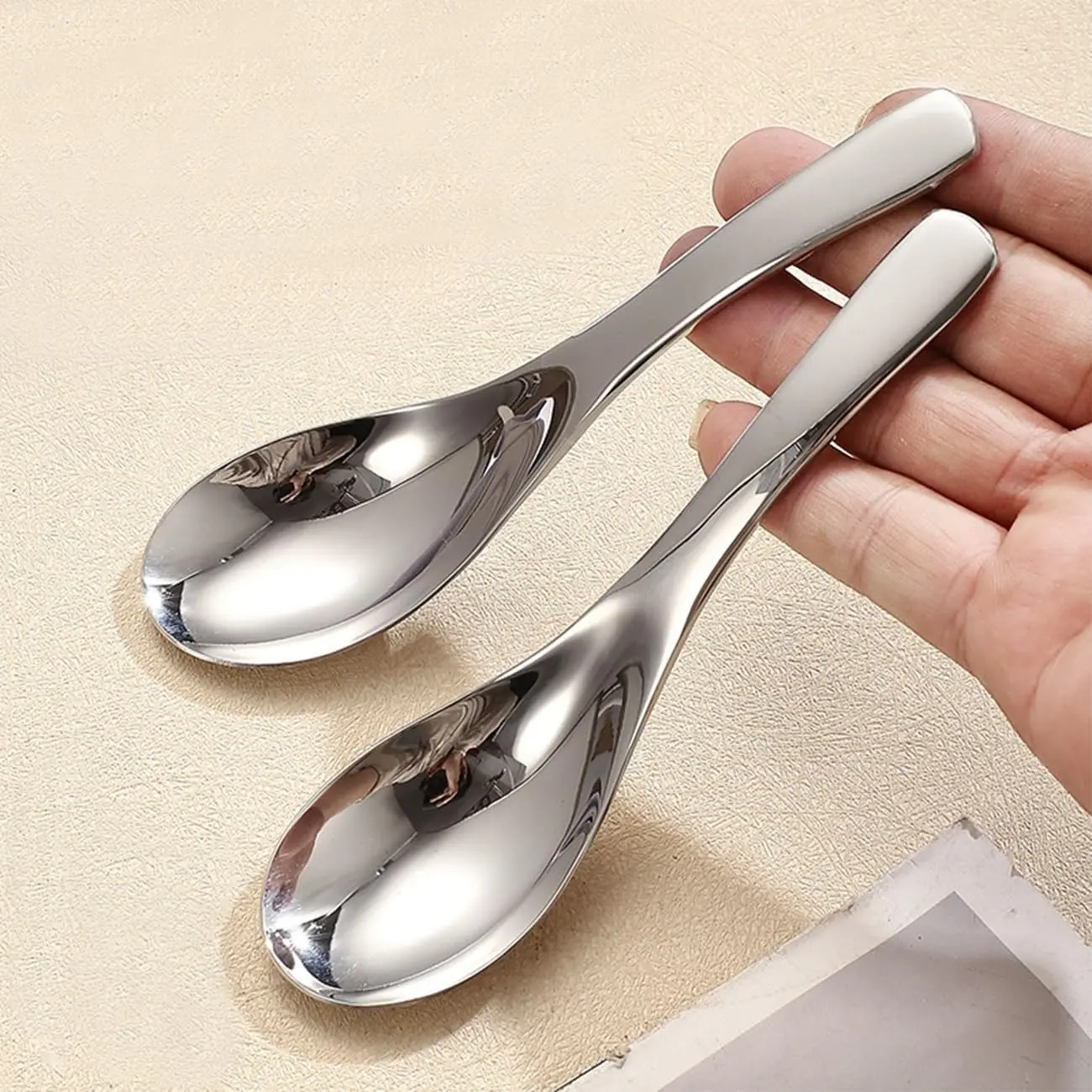 2-Piece Thickened Soup Spoons, Stainless Steel Asian Spoons, Ergonomic Short Handle, Dishwasher Safe, 5.9 Inches, Silver Color, Kitchen Utensils