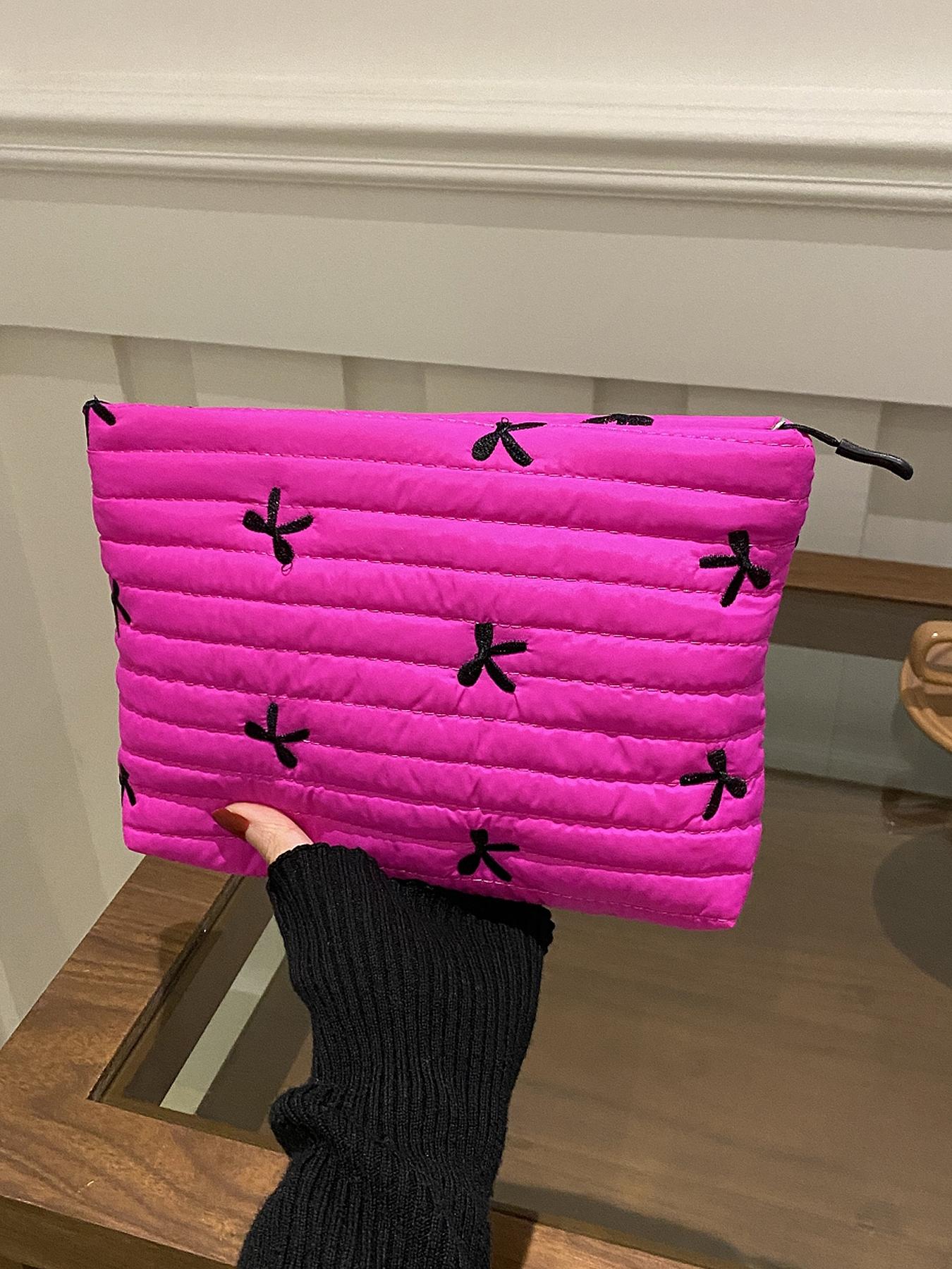 Solid color quilted design clutch bag, large capacity zipper travel storage bag, women's portable travel storage bag, back to school season, suitable for daily commuting and travel, school portable bag, Quilted Purse