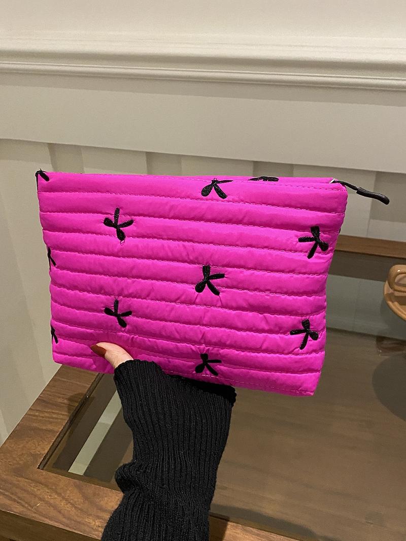 Solid color quilted design clutch bag, large capacity zipper travel storage bag, women's portable travel storage bag, back to school season, suitable for daily commuting and travel, school portable bag, Quilted Purse