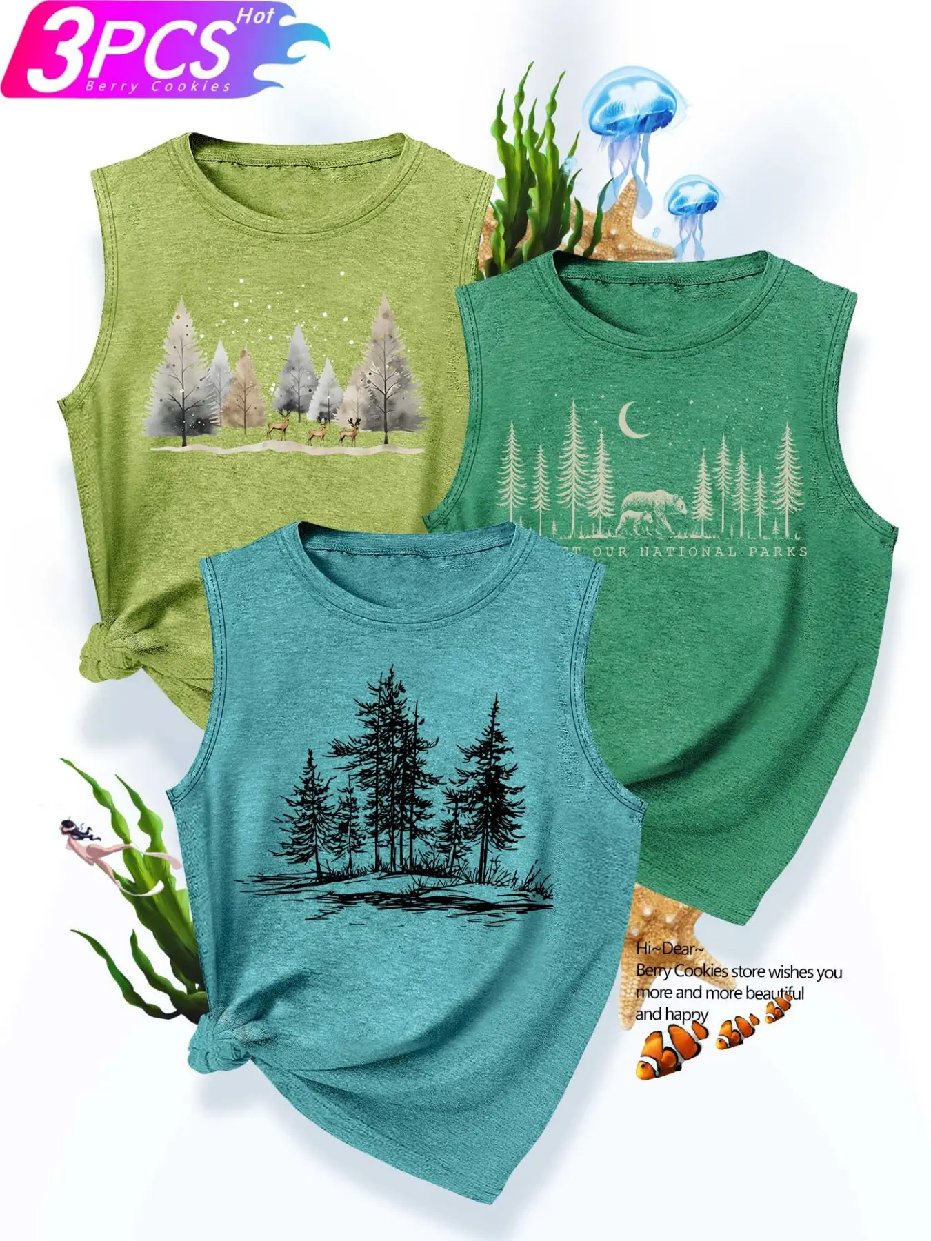 3Pcs Women Tank Top, Forest Deer Bear Outdoor Landscape Print, multi-washable summer sleeveless top