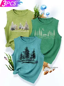 3Pcs Women Tank Top, Forest Deer Bear Outdoor Landscape Print, multi-washable summer sleeveless top