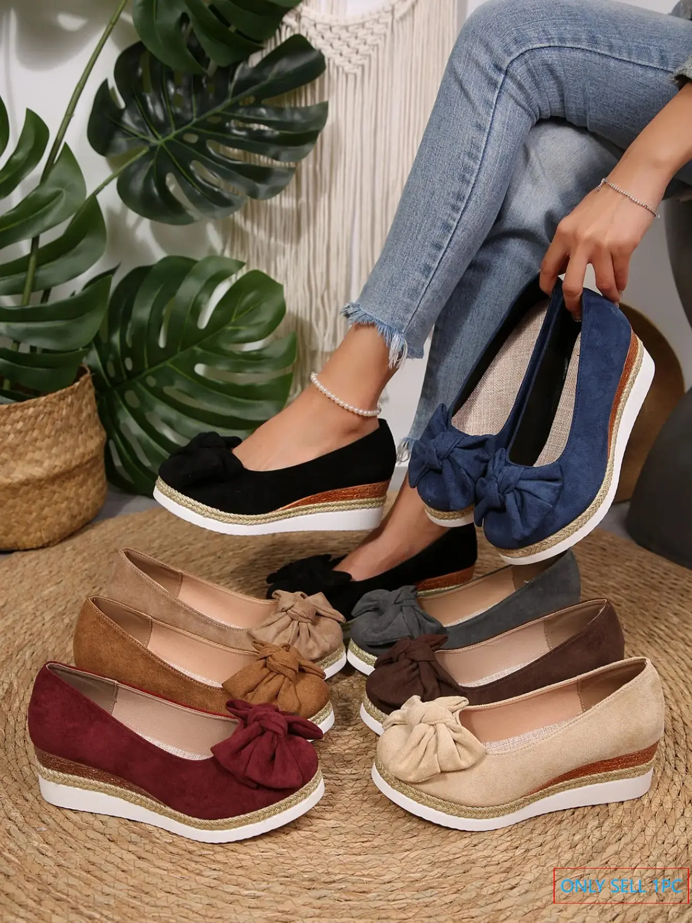 New Butterfly Knot Wedge Grass Shoes for Women, Anti-Slip Casual Wear Versatility Commute Flat Shoes, Low Top Round Toe Thick Sole Slip-On Women's Shoes, Slip Ins Shoes, Non Slip Shoes