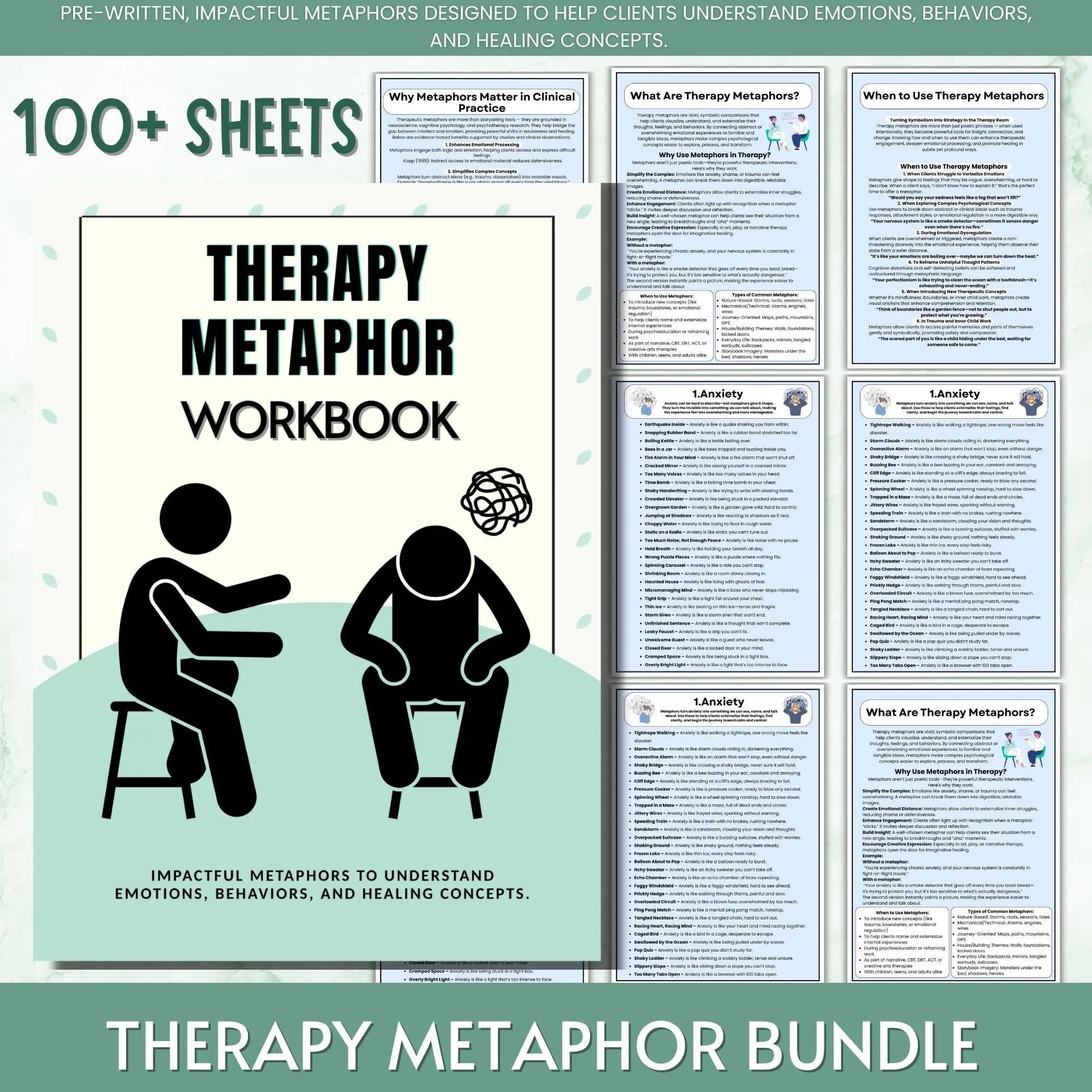 Therapy Metaphor Worksheet Bundle, Counseling & Psychology Activity Notebook, Mental Health Worksheets for Clients & Therapists, Cbt Dbt Tools