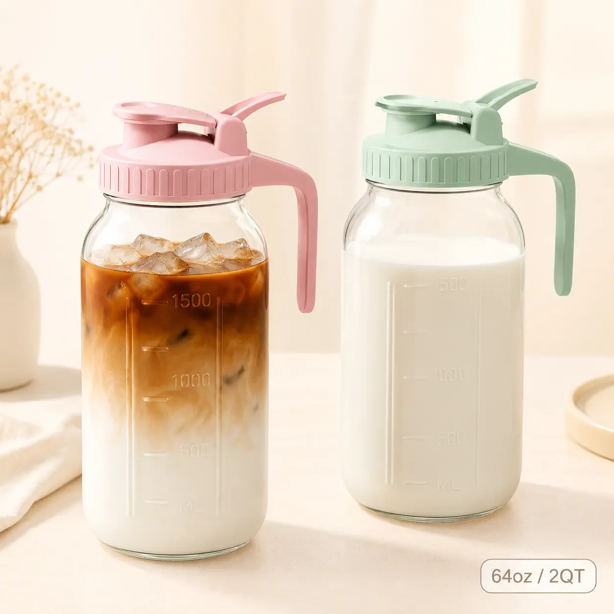 2-Pack 64oz Glass Mason Jar Pitchers with Lids and Spouts, Airtight Leakproof Wide-Mouth Jugs for Breast Milk, Sun Tea, Iced Coffee and Juice