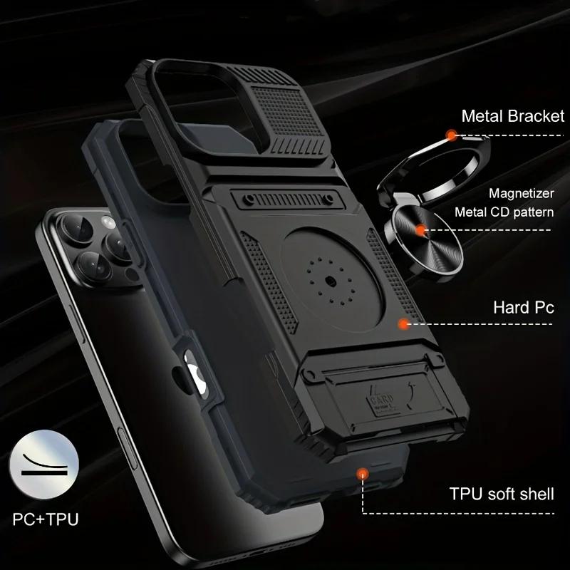 Ring For IPhone 17 Air 13 14 15 16 17 Pro Max 14 15 16 Plus Shockproof Heavy Duty Hard Phone Case with Card Slot Stand