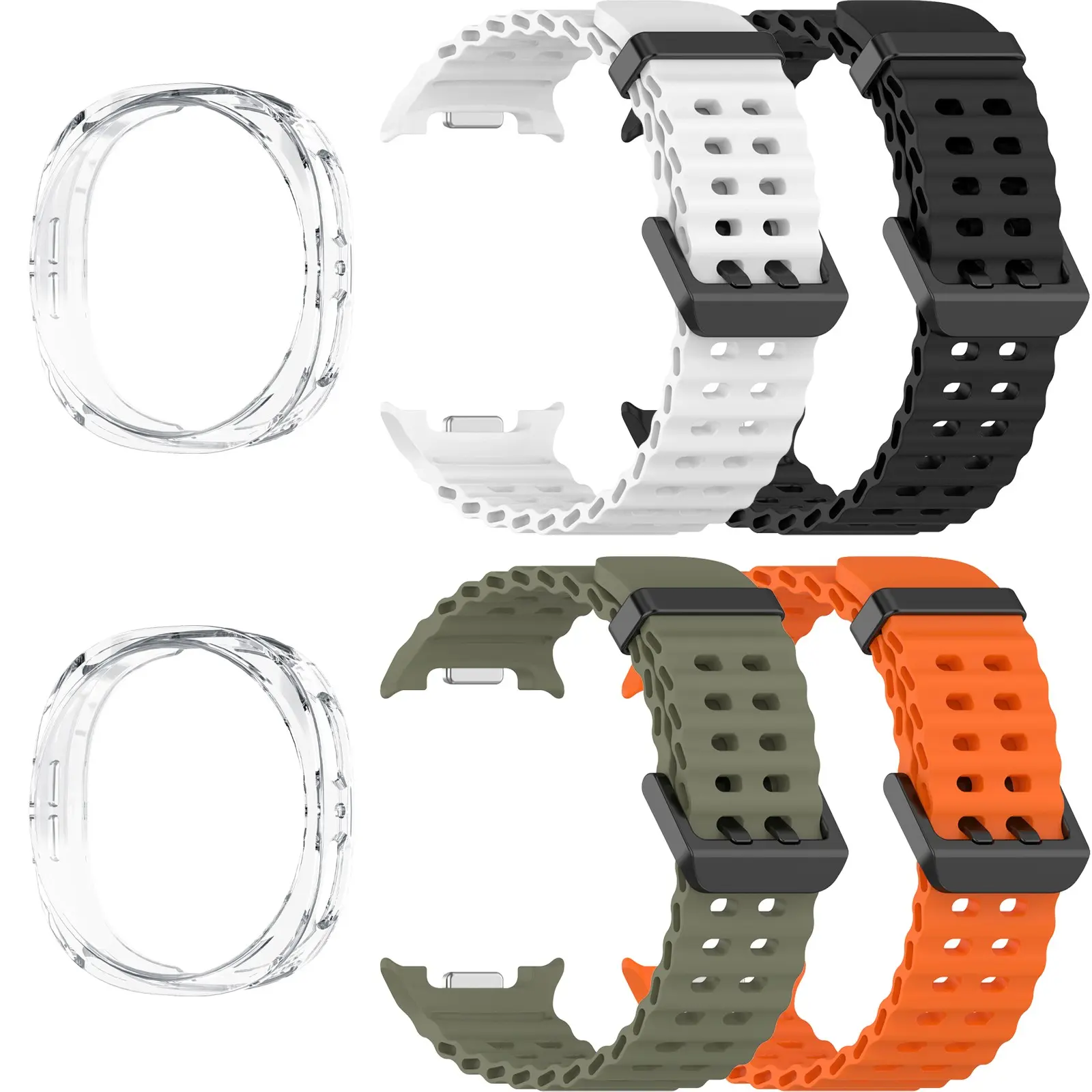 4-Pack Silicone Band for Samsung Galaxy Watch 8 Classic 46mm/44mm/40mm With 2pc Clear Case, No Gap Soft Breathable Replacement Sport Strap for Galaxy 8 Watch Bands, Smart Watch Accessories, Smartwatch Accessories