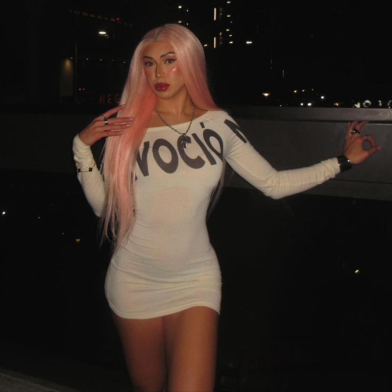 Women's Streetwear One Shoulder Long Sleeve Bodycon Dress - Letter Print Asymmetrical Mini Dress, Y2K Sexy Tight Clubwear track dress