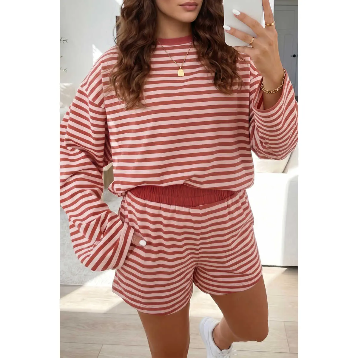 Brown Stripe Relaxed Long Sleeve Top Contrast Elastic Waistband Short Set