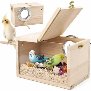 Parakeet Nesting Box Transparent Design, Bird Nest Breeding Box with Perch Wood Bird Cage House for Cockatiel Lovebirds Budgie Finch Parrotlets Canary S