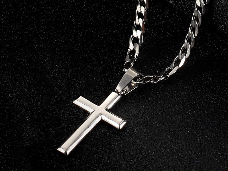 Fansilver Cross Necklace for Men Women 5mm Big Beveled Edge Men's Stainless Steel Durable Cuban Link Chain Curb Chain Crucifix Cross Pendant Necklace Jewelry Gifts 16-30 Inches