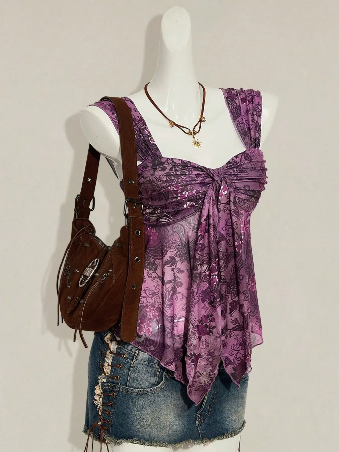 Women's Floral Asymmetrical Hem Top, Cute Aesthetic Breathable Lightweight Sheermesh Printed Sleeveless Boho Style Shirt, Perfect for Spring Fashion