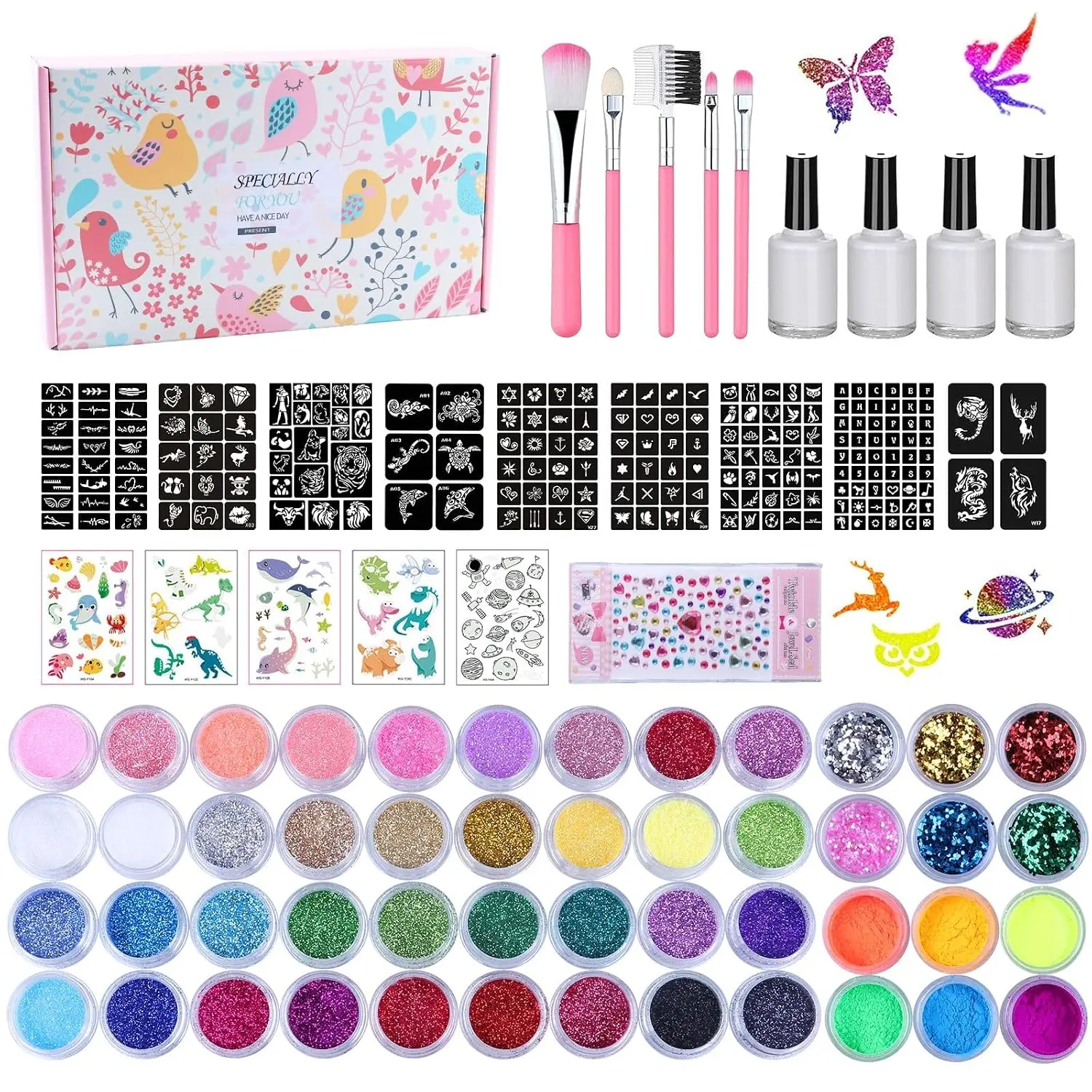 Temporary Glitter Tattoo Kit for Kids & Adults, LCDGTJ 42 Glitter & 6 Fluorescent Color, 209 Stencils, 4 Glue, 5 Brushes, 1 Diamond Sticker, Safe & Easy Removal Face Body Art Birthday Party Supplies