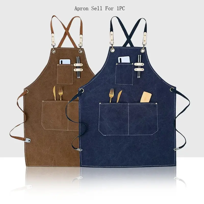 New Fashion Canvas Kitchen Aprons for Women and Men, Chef Work Apron for Grill, Restaurant, Bar, Shop, Cafe, Beauty Nails Studios Uniform