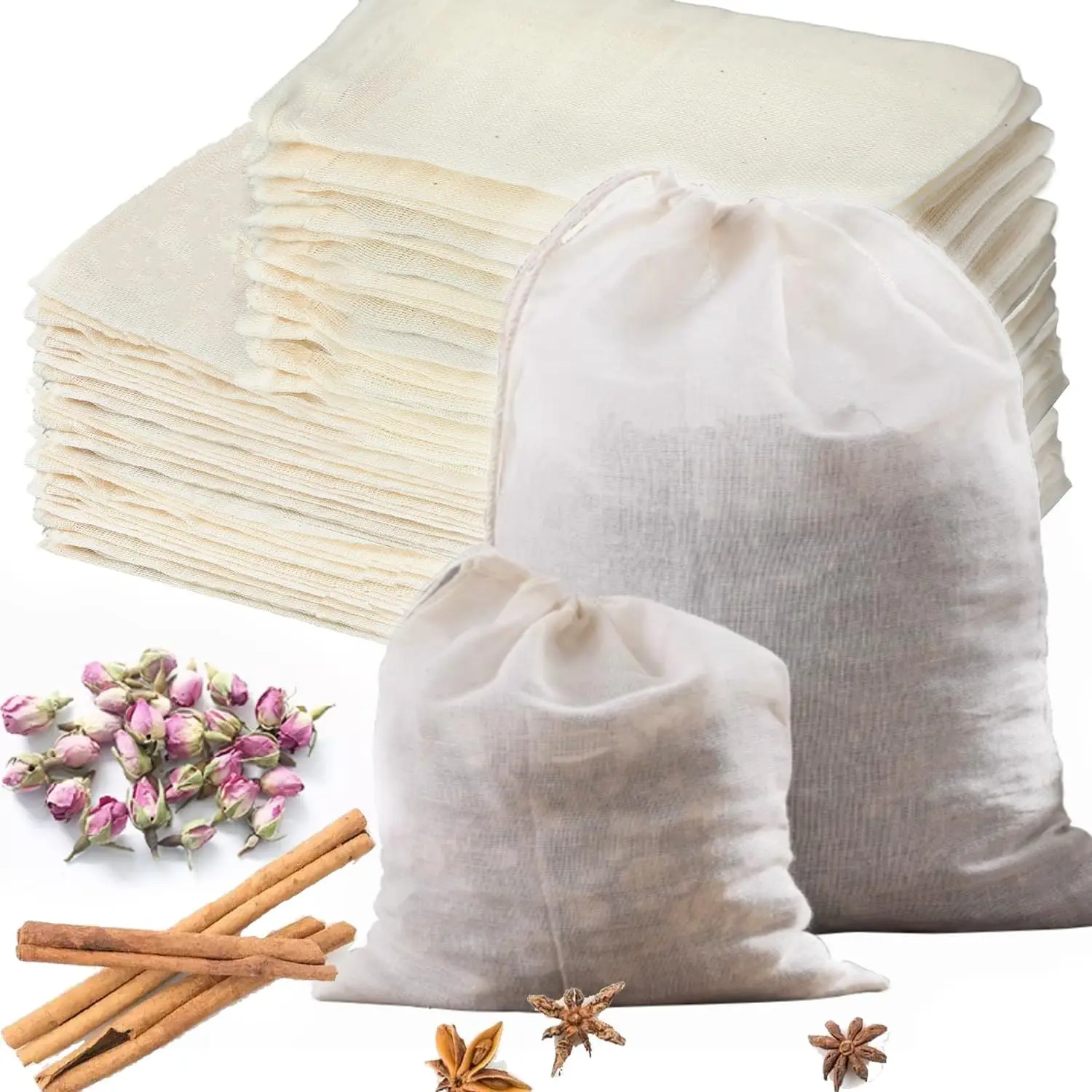 Pet Food-Grade Natural Cotton Infuser Bags (30-Pack) - Reusable Lavender-Compatible Washable Drawstring Filters, 15x4x6in & 15x6x8in, Ideal for Kitchen Cooking Tea Straining & Herb Sachets, Reuse