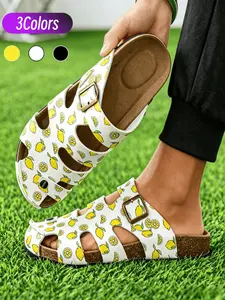 1 Pair Minimalist Casual Men Closed Toe Slippers Polka Dot & Lemon Print Size 39-44 Walking & Short Trip Casual Sandals - Adjustable Metal Buckle Wear Resistant