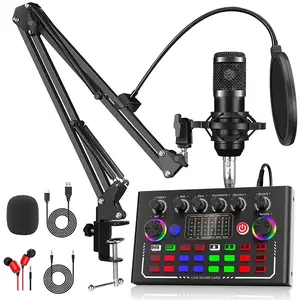 Professional Sound Card Podcast Device Set, BT-compatible Connection, Bm-800 Microphone Kit, Lights for Atmosphere, for Phone/PC/laptop, Live Streaming Equipment