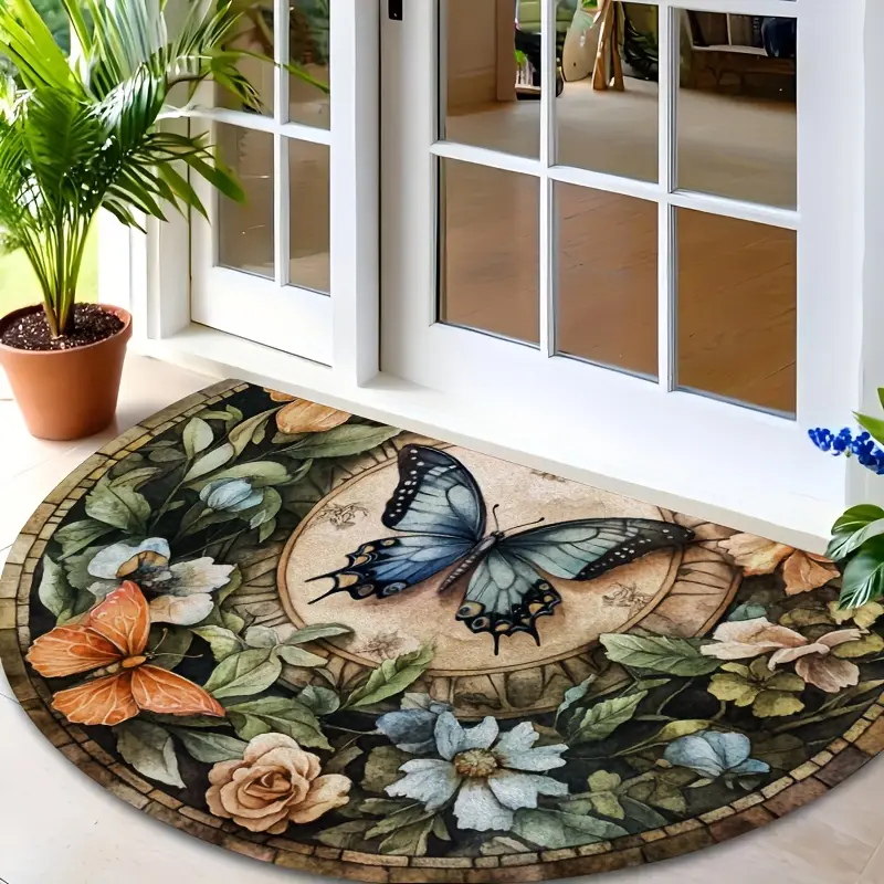 1 pc Butterfly Retro Mandala Semi-Circular Welcome Door Mat, suitable for indoor and outdoor use, ideal for use in living rooms, kitchens bedrooms, terraces, bathrooms, and café entrances for decoration, door mats, entrance mats, floor mats. christmas rug