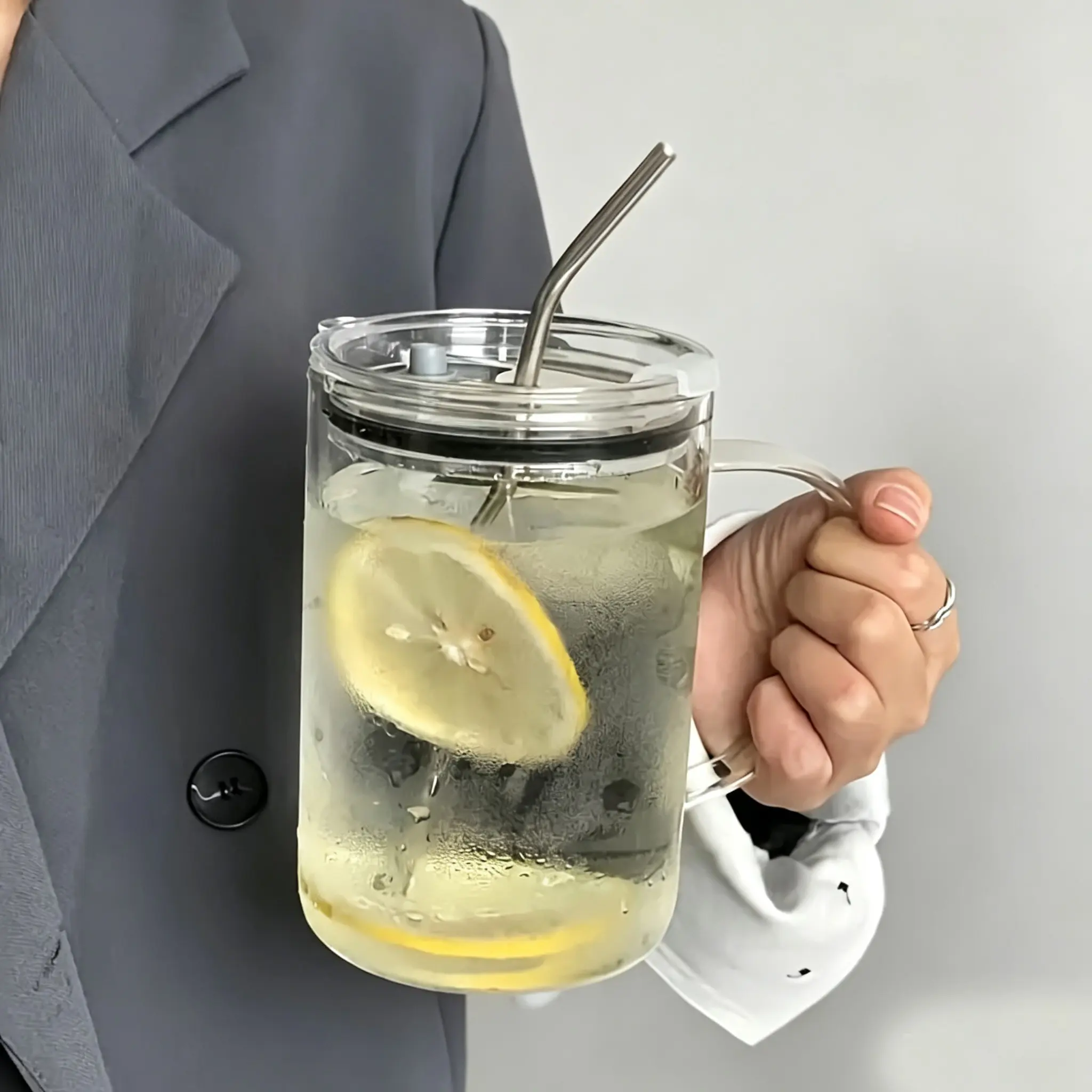 High Borosilicate Glass Cup, Heat Resistant 1000ML 33.8oz, Transparent Glass Mug with Lid and Straw, Tea Coffee Milk Cup, Glass Cups with Lids, Drinkware