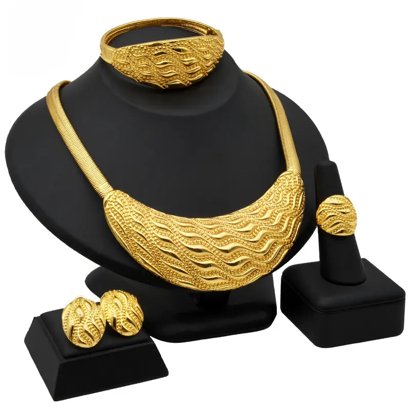 Vintage Embossed Ripple Pattern Snake Gold Jewelry Kit, Alloy Textured Collar Necklace Bangle Earring Ring Complete Quiet Luxury Gift Jewelry Set For Formal Party & Bride