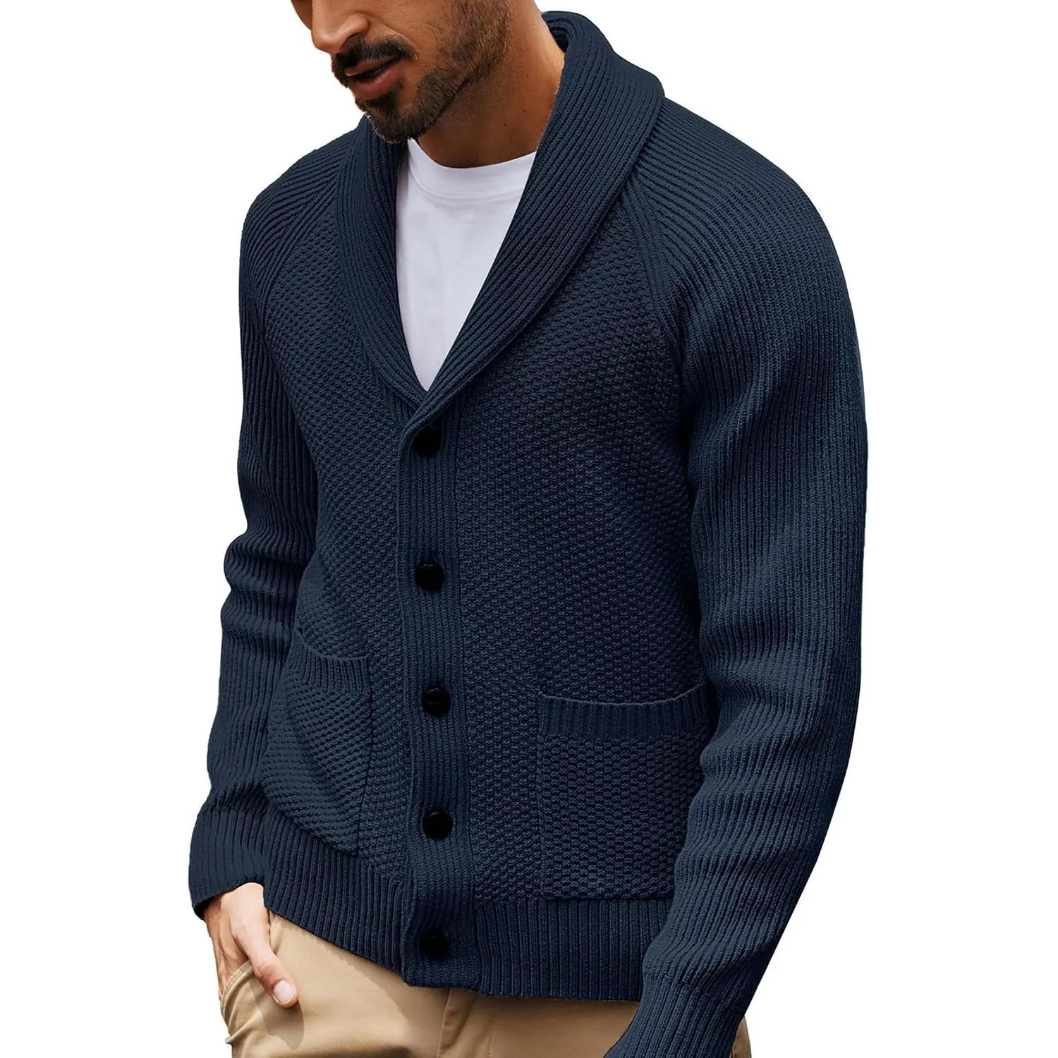Mens Shawl Collar Cardigan Sweaters Knit Textured Sweater Button Down Cardigans