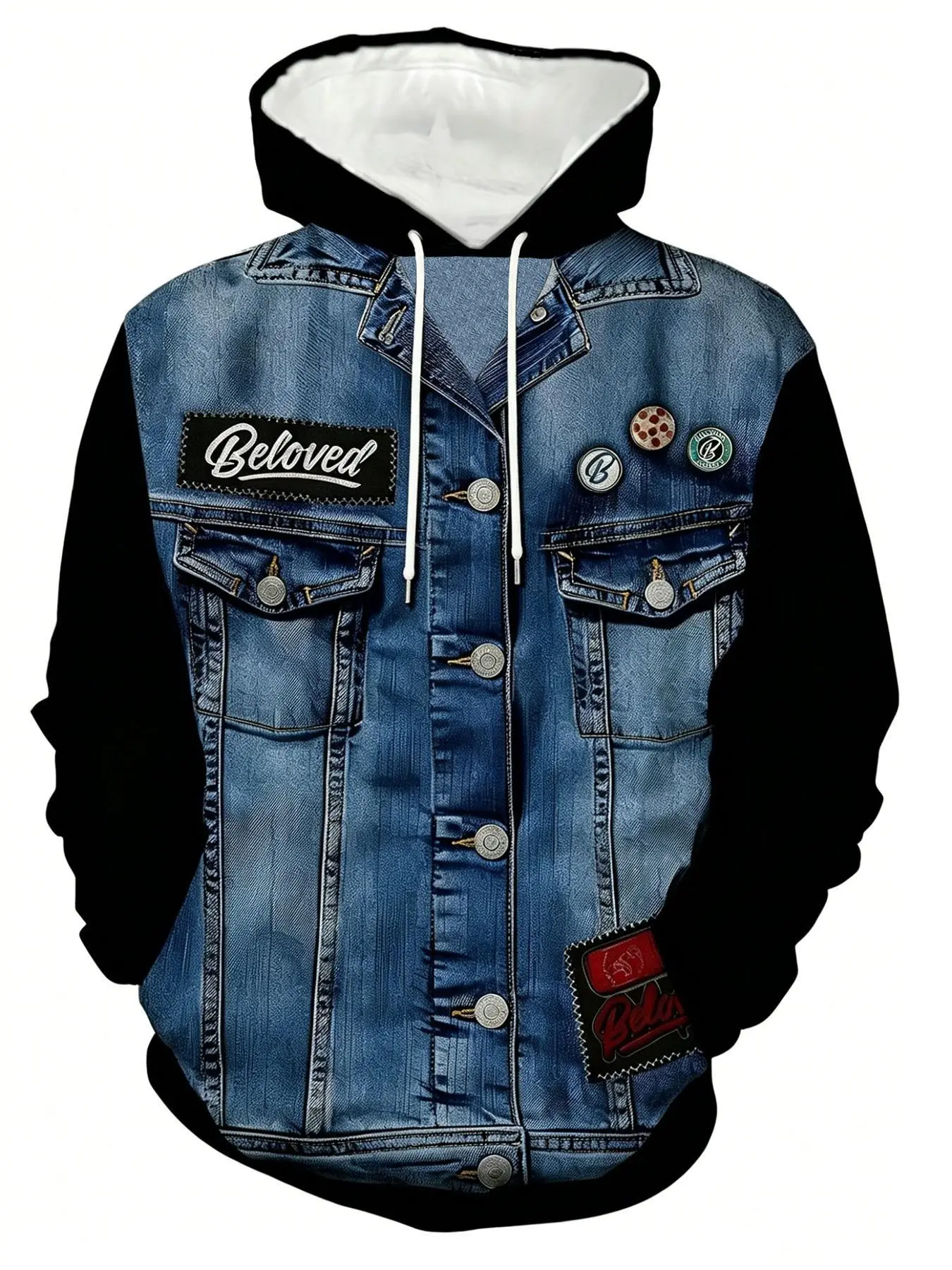 Denim-inspired spliced badge printed hoodie, Casual Streetwear Hoodies, Sporty Trendy Casual, Vintage and retro street style