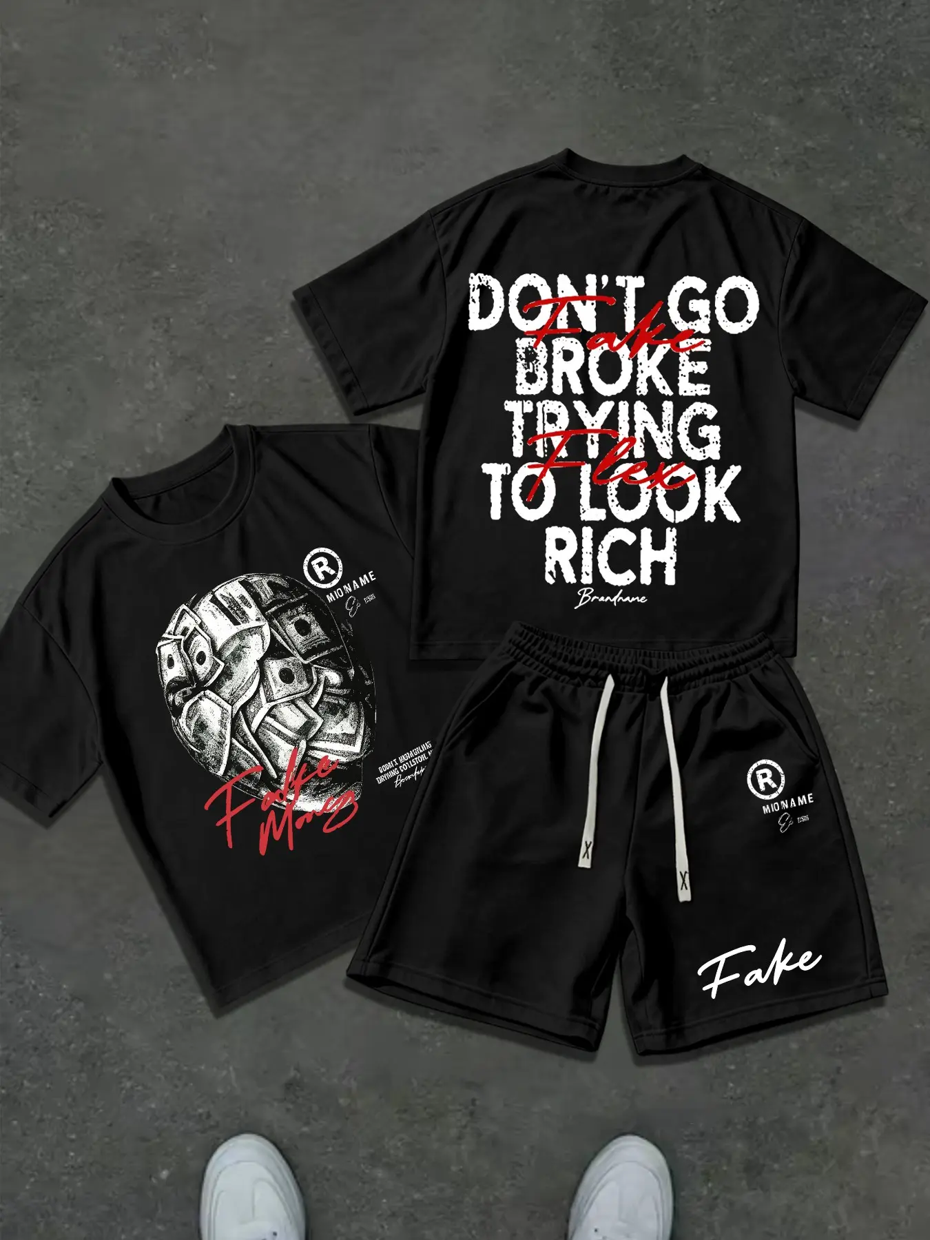 American Retro Slogan Print T-Shirt + Shorts Set Outfit, Breathable Casual, Men's Summer Streetwear, Loose-Fitting Oversize Suit
