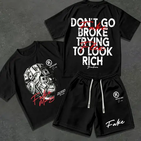 American Retro Slogan Print T-Shirt + Shorts Set Outfit, Breathable Casual, Men's Summer Streetwear, Loose-Fitting Oversize Suit
