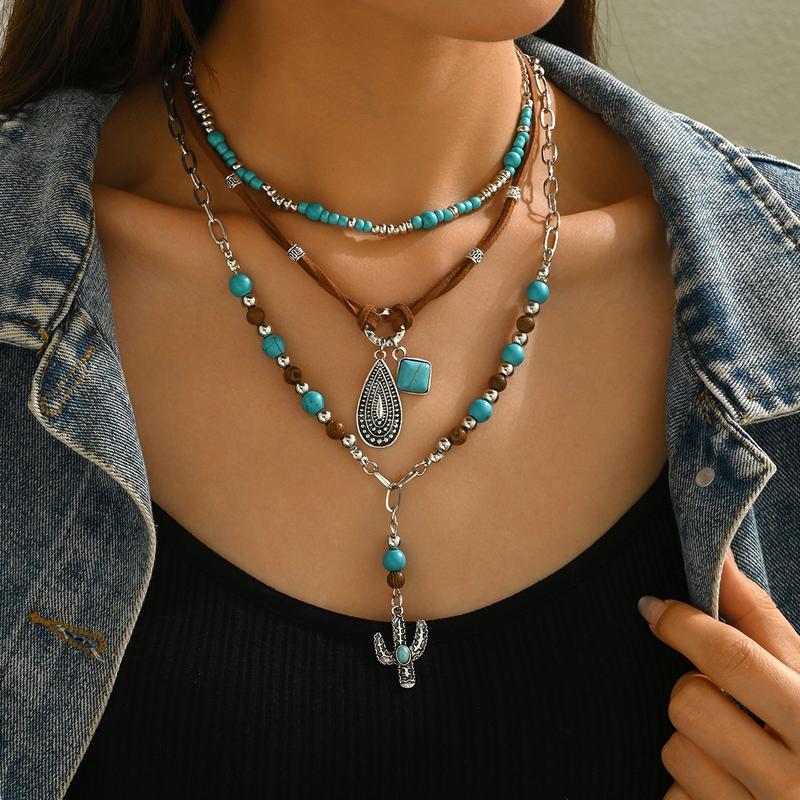 3pc Turquoise Decor Necklace For Women Western Ethnic Trendy Jewelry