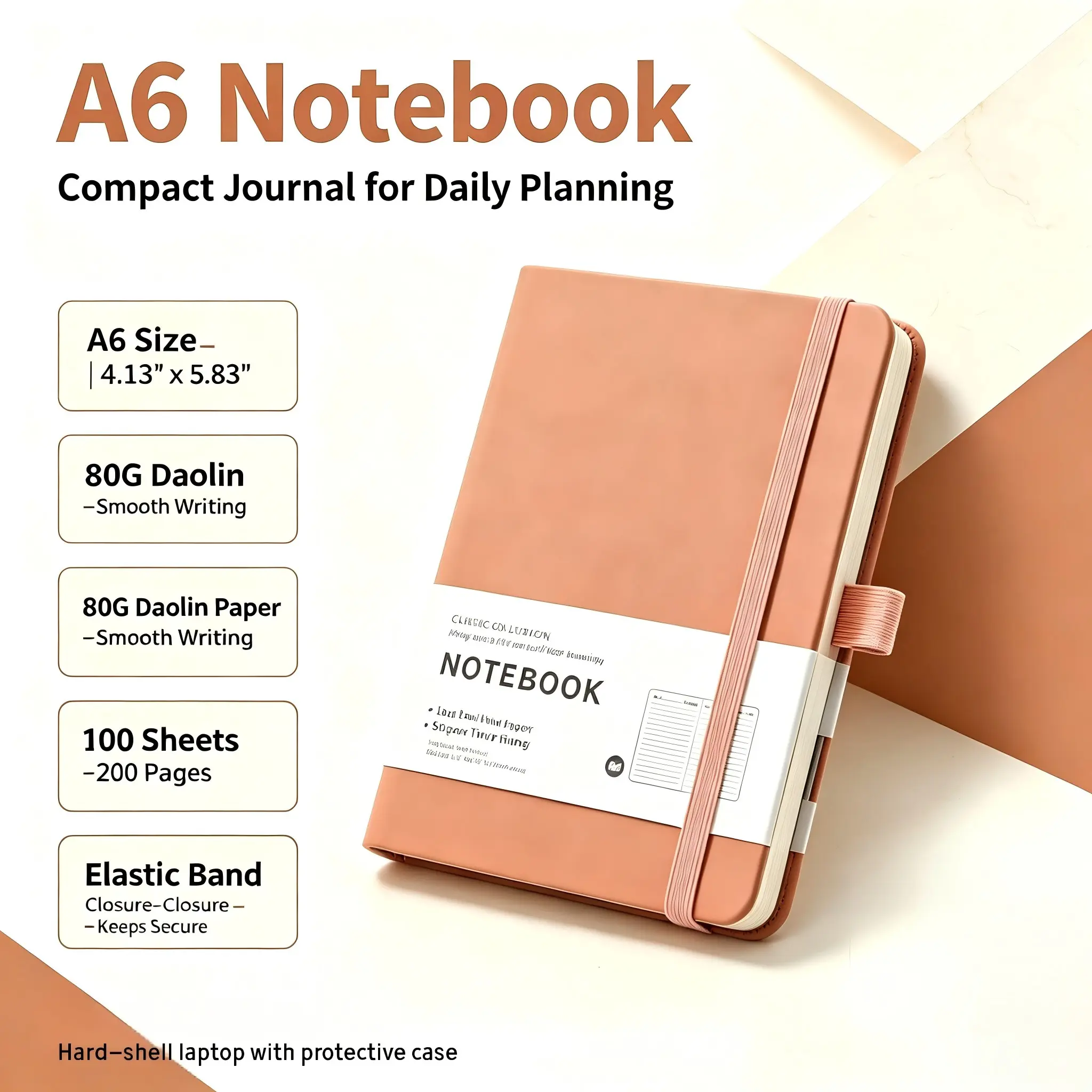 A6 Pocket Hardcover Journal 4.4in×5.7in, Lined Small Notebook with Pen Holder, Elastic Band & Ribbon Bookmark, 200 Pages 80gsm Ink Proof Paper for Travel Office Daily Notes