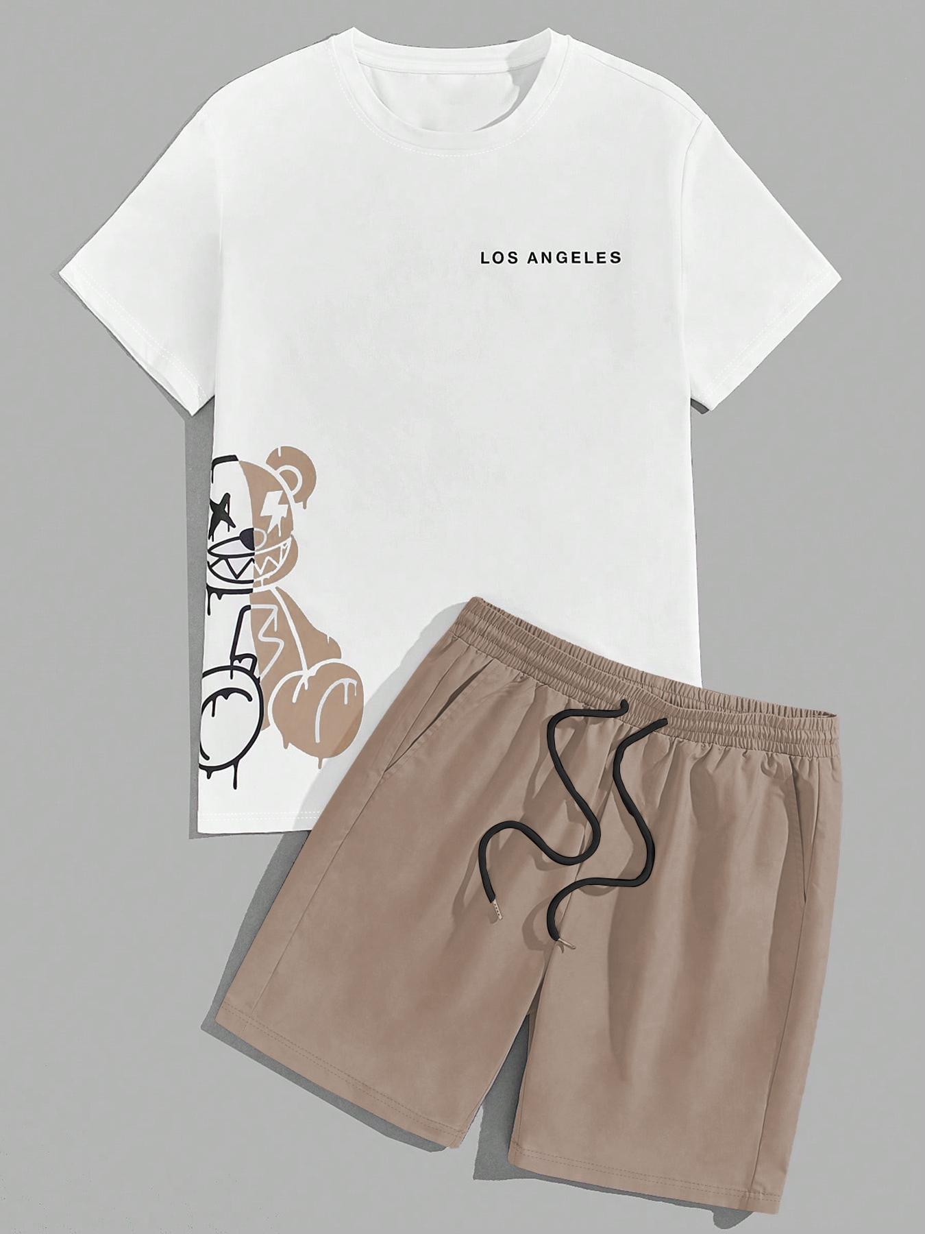 Two-Piece Set Men's Cartoon Bear & Letter Graphic Print Short Sleeve Tee & Shorts Set, Regular Fit Casual Round Neck T-shirt & Track Shorts, Summer Clothes Set for Men