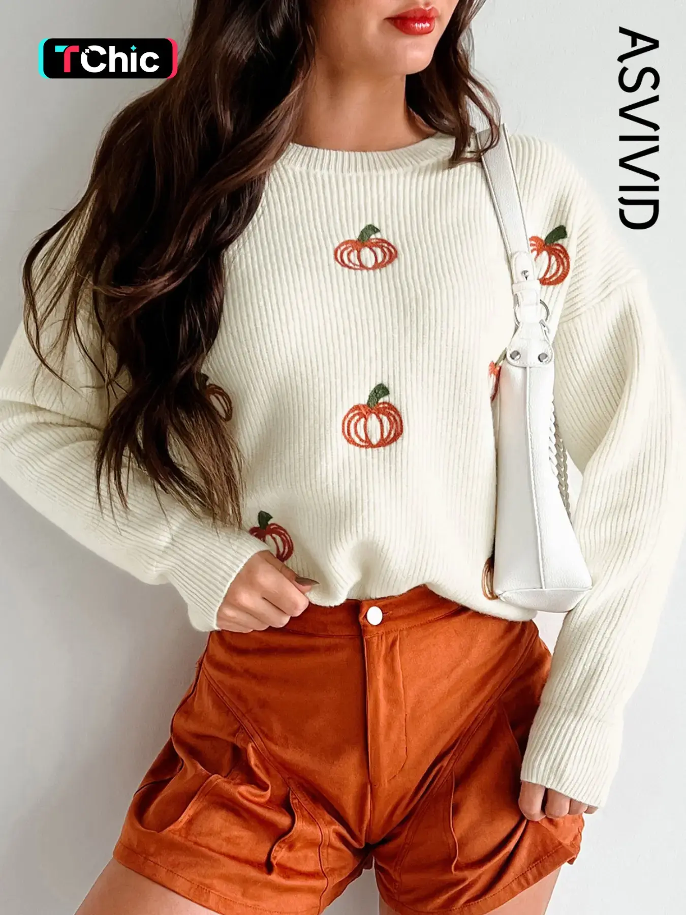 Women's Casual Round Neck Pumpkin Embroidered Ribbed Long Sleeve Sweater, Thanksgiving Halloween Festival Pullover, Fall & Winter Fashion Knitwear