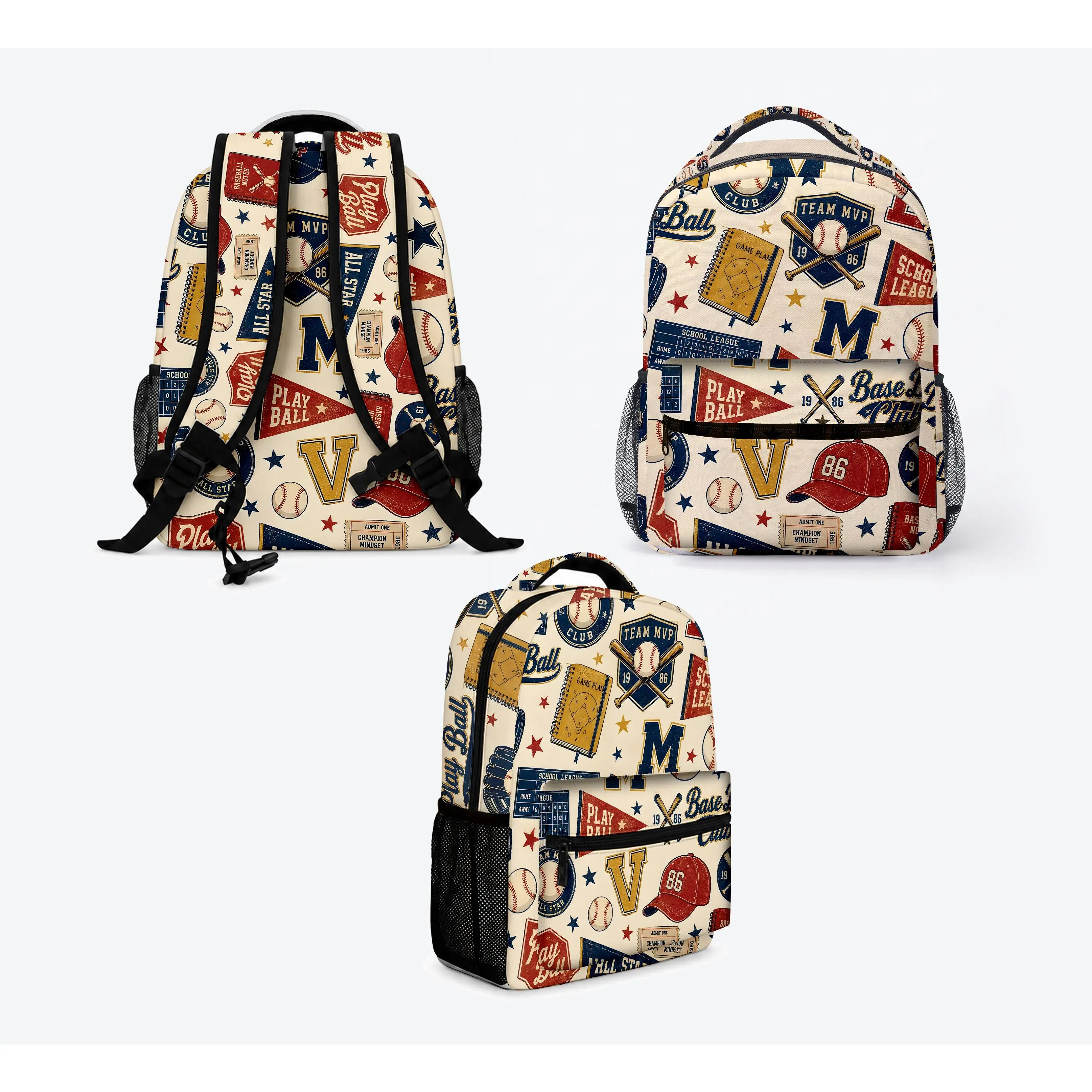 Kids Baseball School Backpack, Retro Varsity Sports Bookbag for Boys & Girls, Baseball Bat Ball Graphic Print, Front Zipper Pocket, Dual Mesh Side Pockets, Top Carry Handle, Back to School Student Daypack,bookbag,school backpack, multiple style