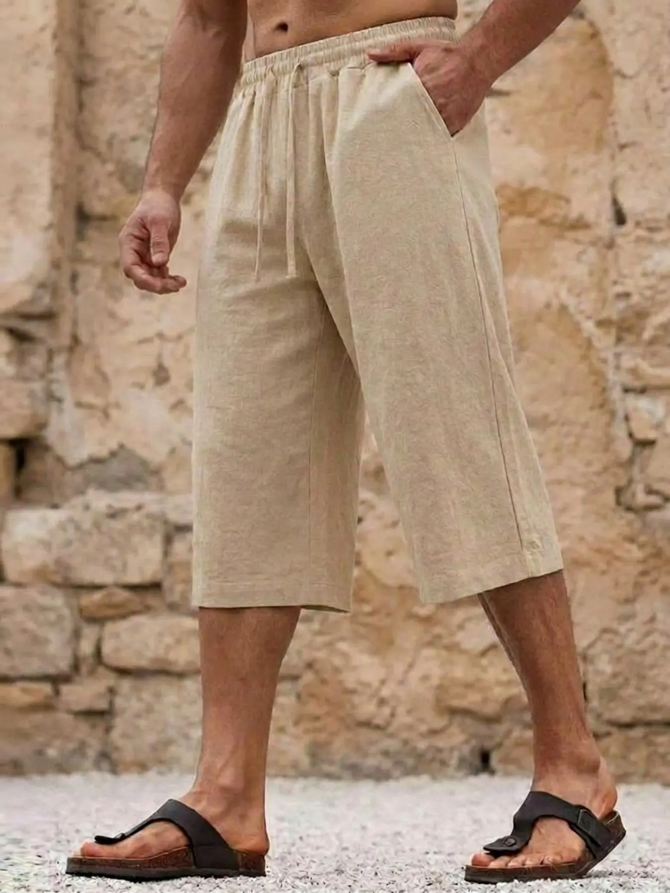 Men's Fashion Casual Loose Baggy Linen Three-Quarter Pants Trouser, Breathable Comfort, Ideal for Golf Beach Tennis, Perfect for Indoor Outdoor Activities