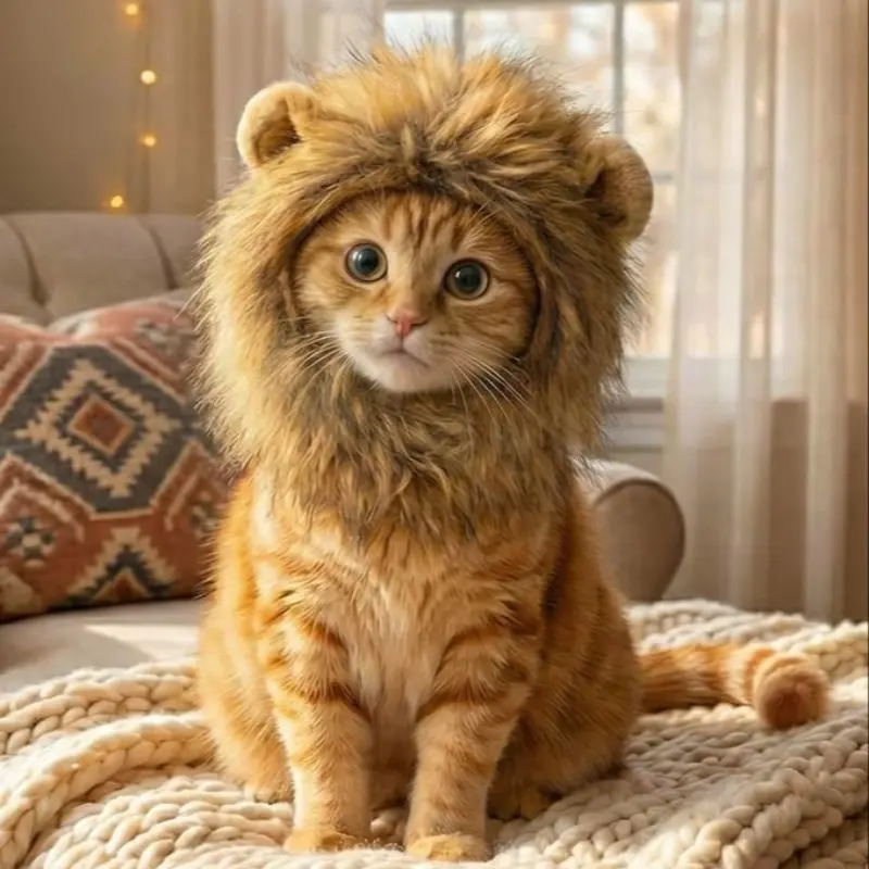 Lion Mane Costume for Cats, Fluffy Lion Wig with Ears, for Halloween, Christmas & Pet Photos, One Size for Adult Cats, Soft & Comfortable, Cosplay Pet Outfit, Holiday Party Photo Prop