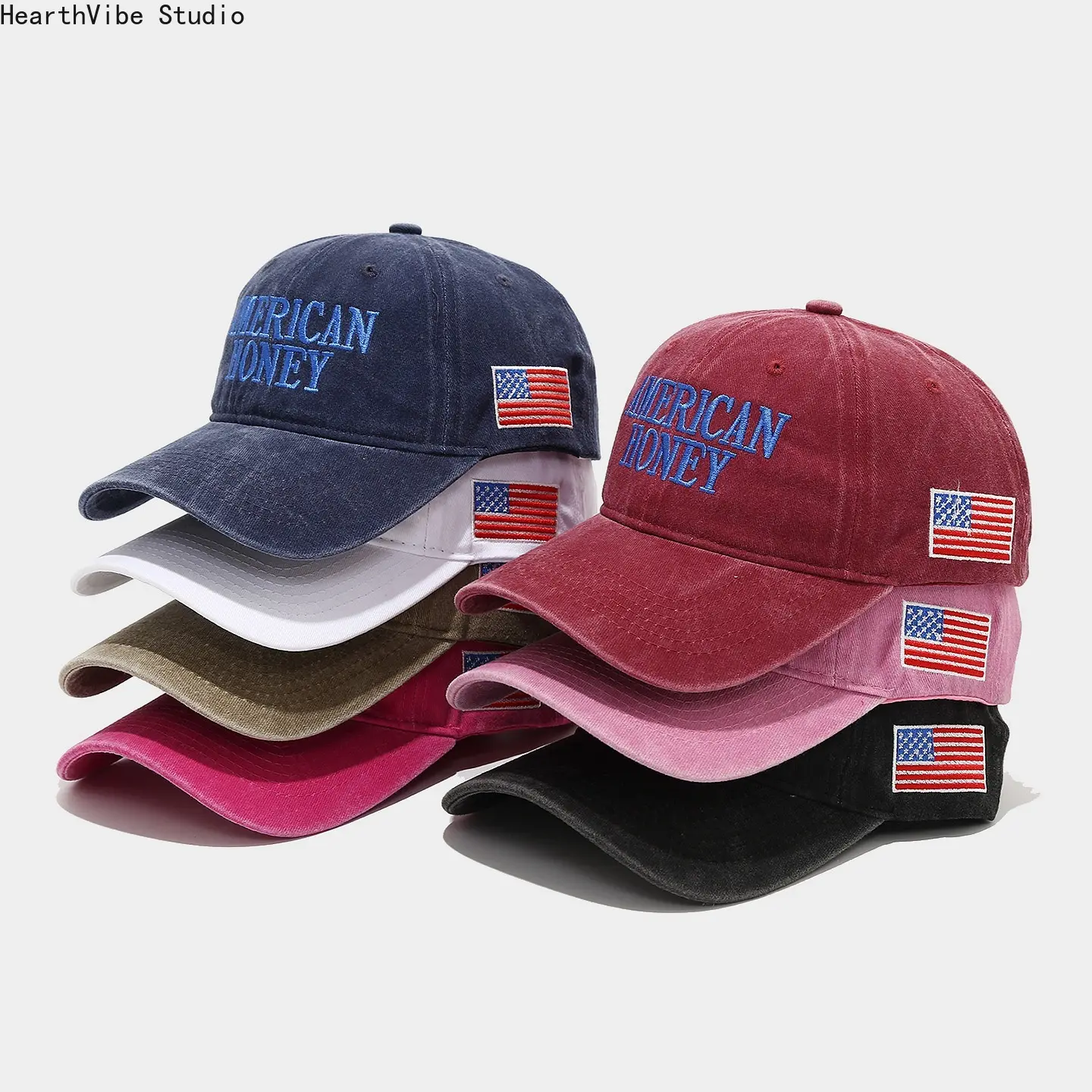 Women's Embroidered Logo Retro Washed Cotton Dad Hat - American Honey Design, USA Flag Patriotic, Distressed Western Cowgirl Sun Visor, Adjustable Size Snapback Closure, Unisex Wear Country Music Concert Headwear