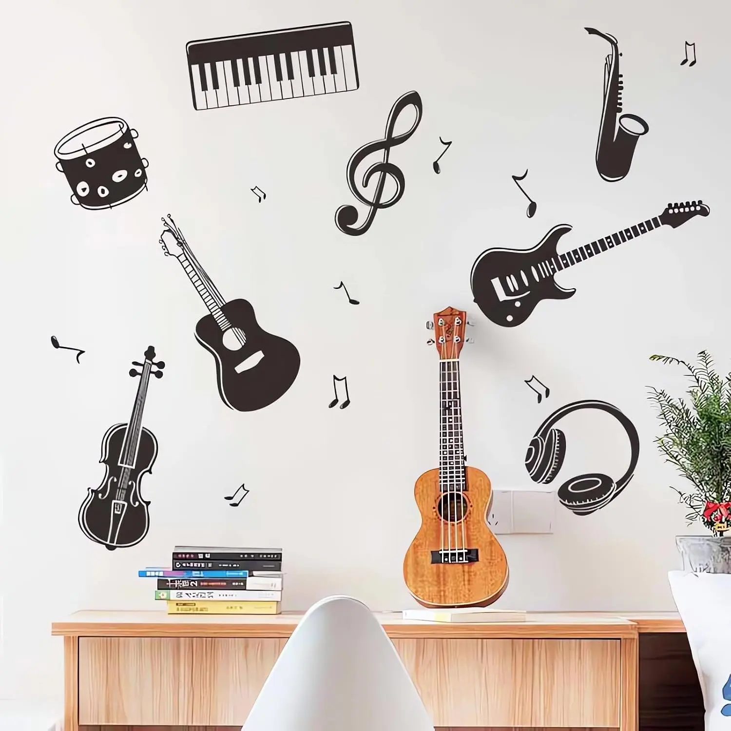 Black-White Musical Instrument Wall Stickers Wall Stickers,  Guitar Violin Cello Saxophone Musical Note  Wall  Removable Vinyl Peel and Stick for Classroom  Studio  Decor