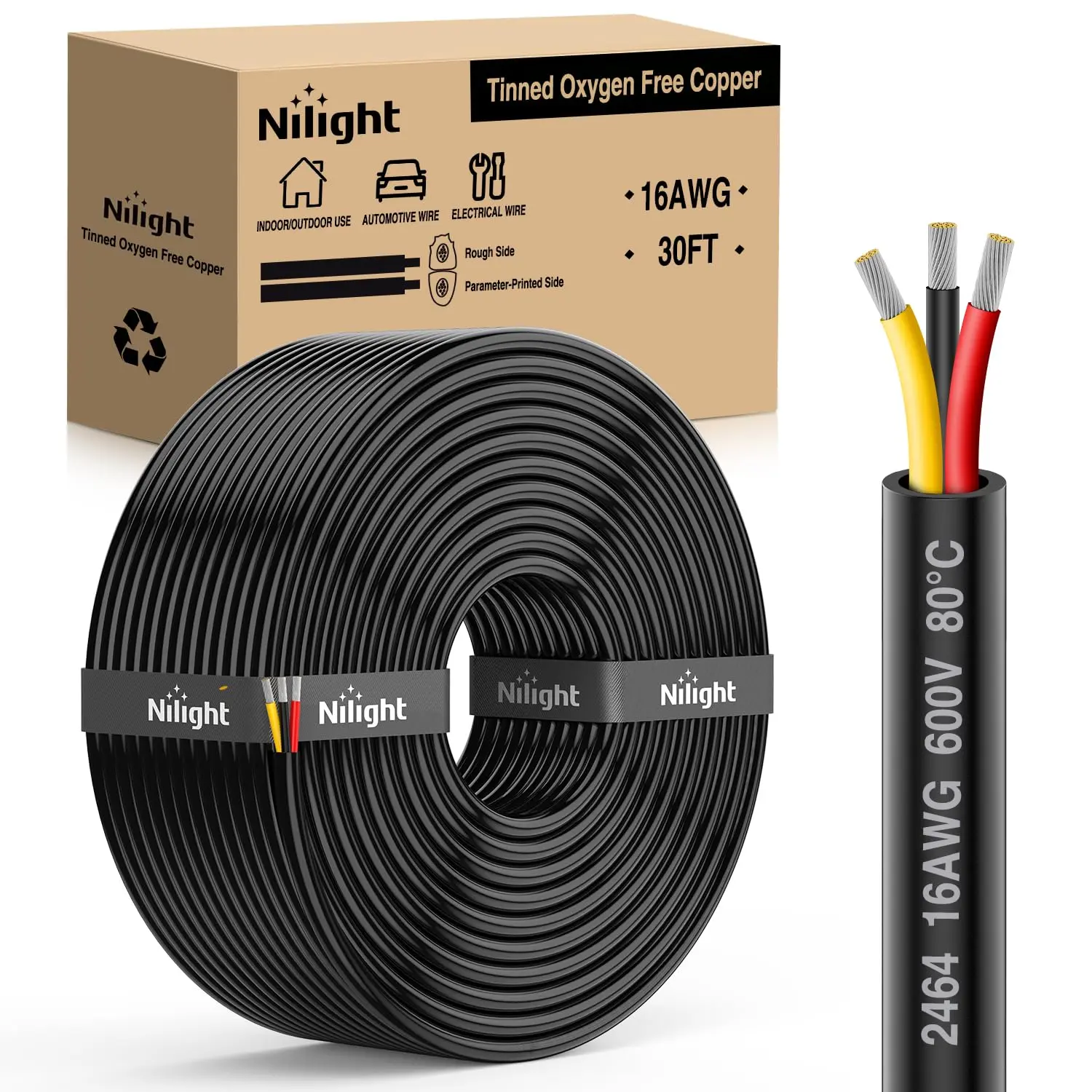 Nilight Highly Conductive 30FT 16AWG 3-Conductor Tinned Copper Electrical Wire, Red-Black-Yellow Parallel Wires, Flame Retardant Flexible PVC Case 600V DC Extension Cords with Heat Shrink Tube, Cable Tie, Direct Burial Compatible for Car LED Strips, Lamps