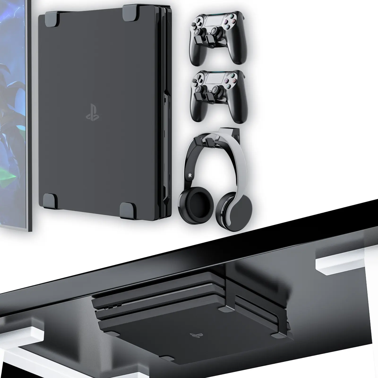 Ps4 Pro Wall Mount Stand, Under Desk Hanging Rack, Metal Invisible Storage Shelf, Cooling Console Holder, Gaming Accessories