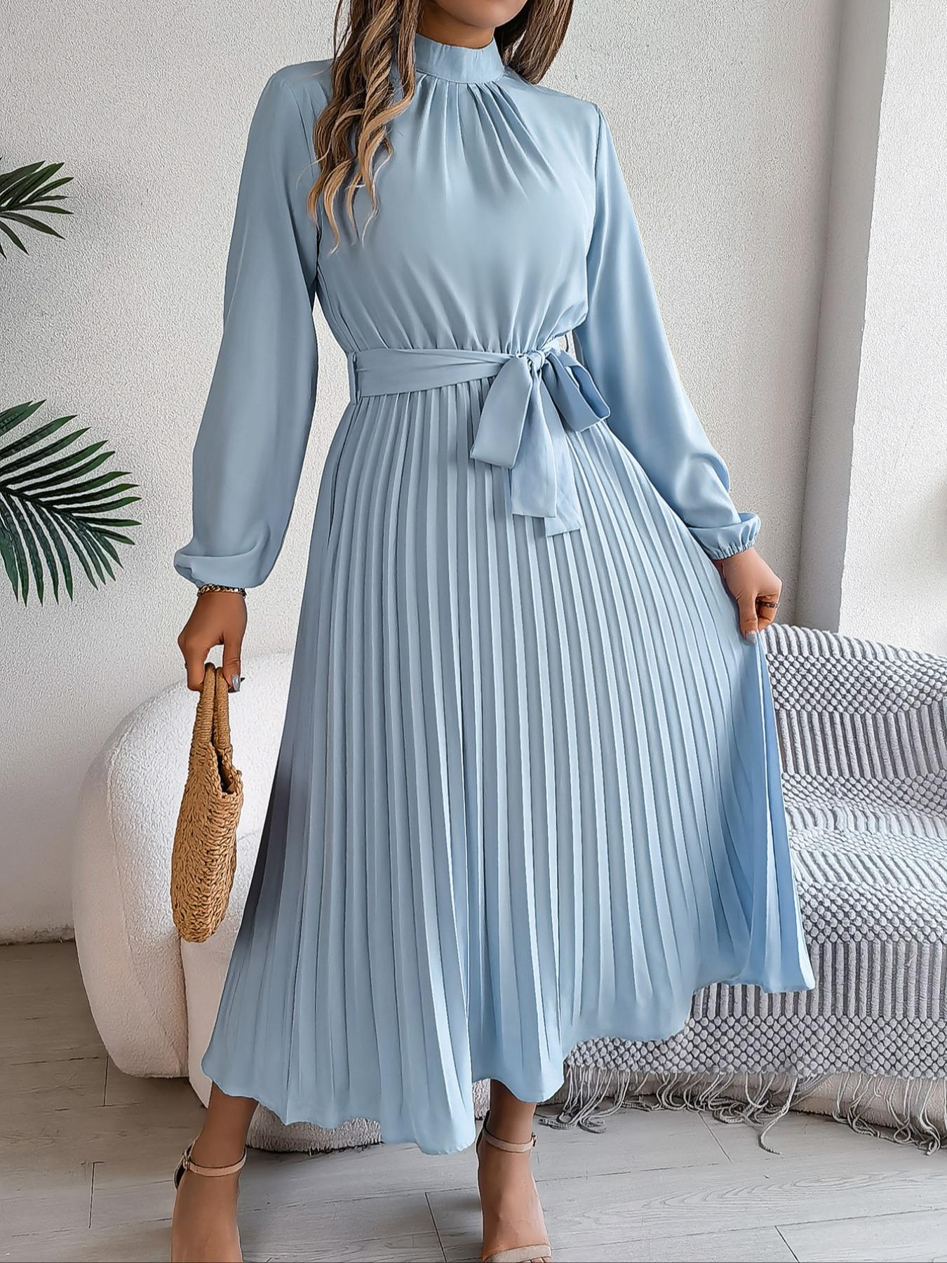 Women's Elegant Chic Long Sleeve Belted Pleated Dress, Spring & Fall Fitted Plain Design, Middle East Style Maid of Honor Gown