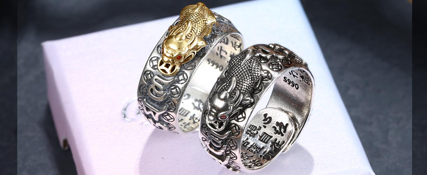 MILACOLATO Feng Shui Pixiu Mantra Ring 925 Sterling Silver Feng Shui Ring Protection Lucky Amulet Wealth Health Buddhist Vintage Adjustable Pixiu Ring for Women Men