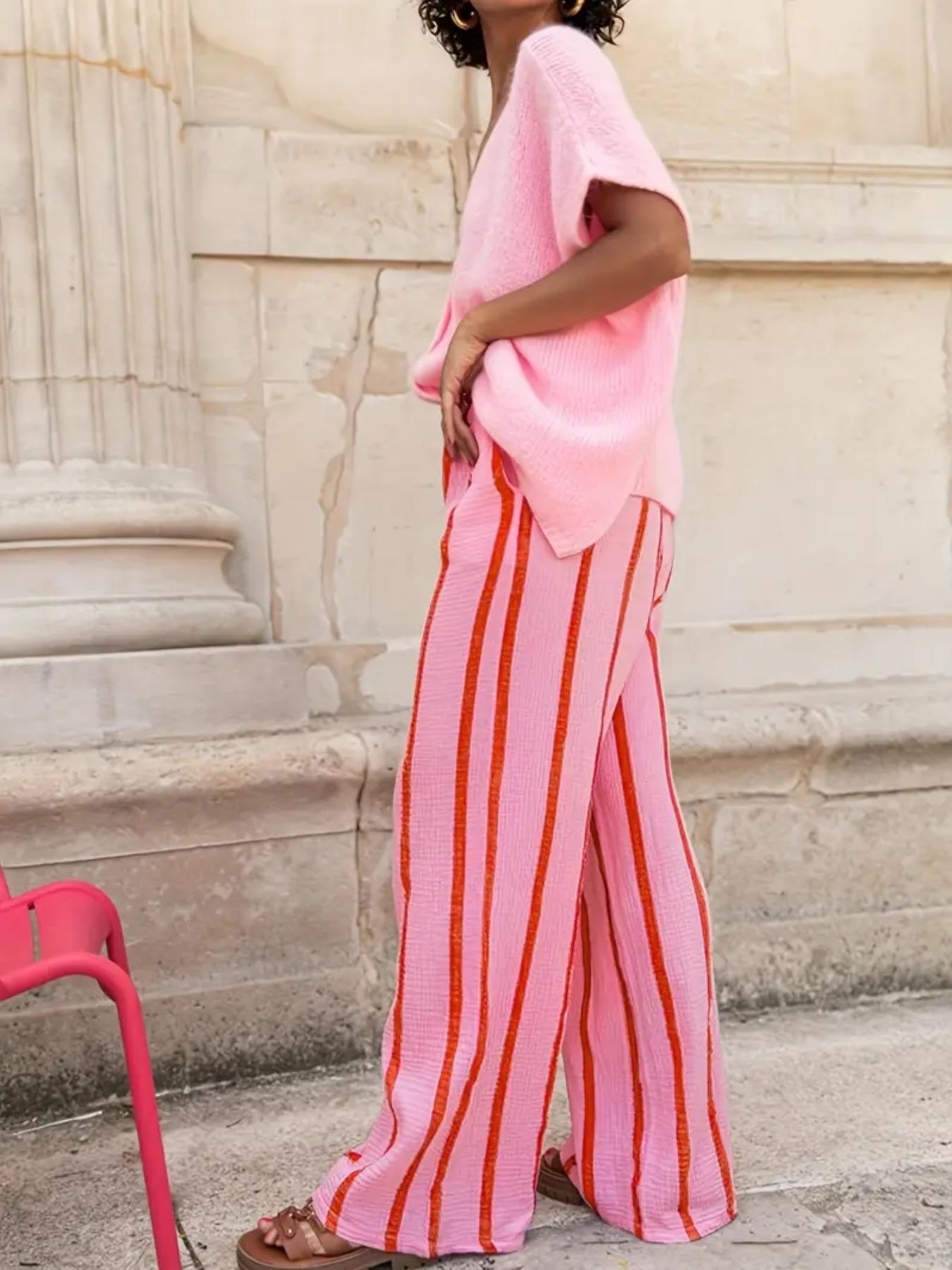 Women's Striped Print Wide Leg Pants, Casual Comfy Trousers for Daily Wear, Ladies Bottoms for All Seasons, Casual Chic Bottoms, Casual Straight Leg