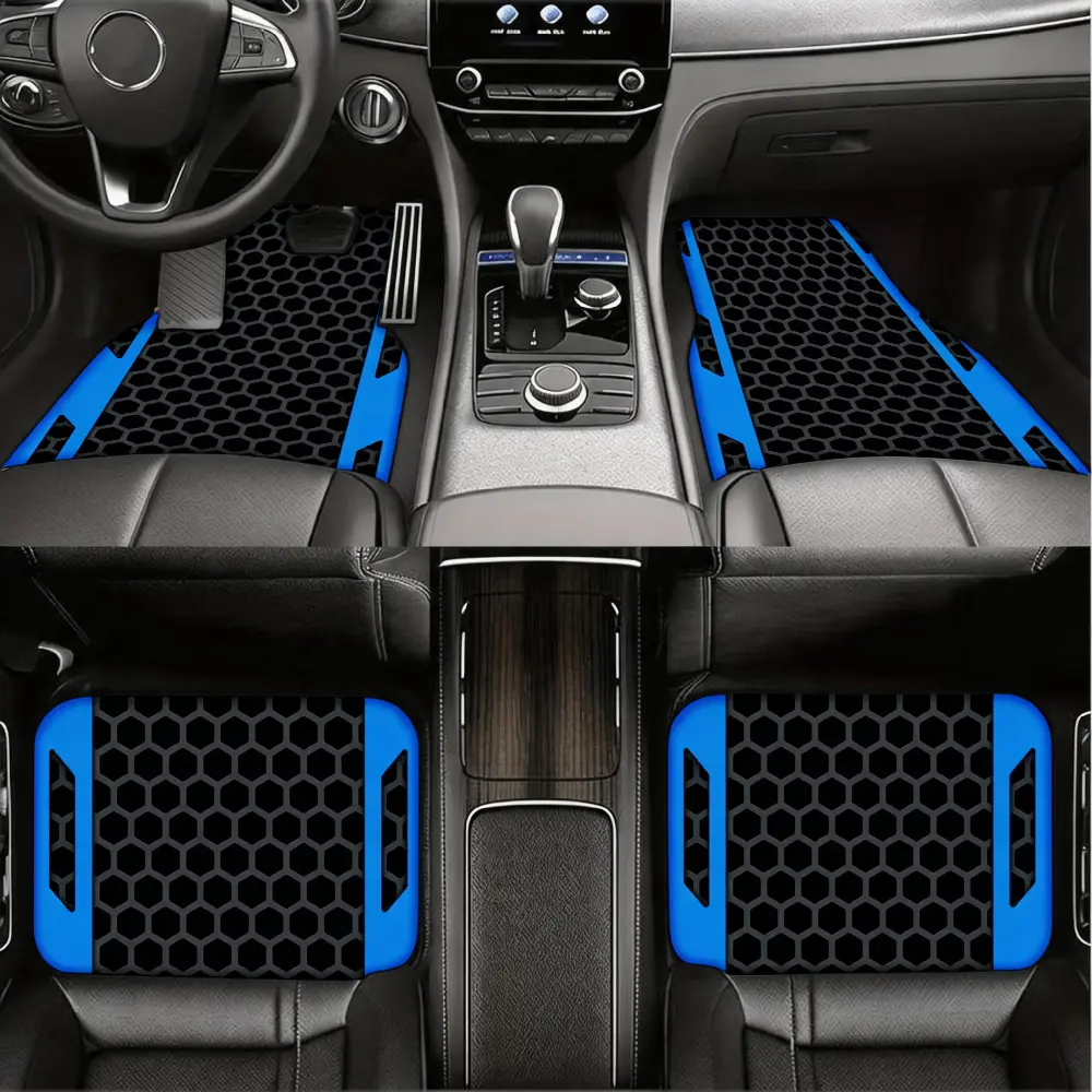 Universal Car Floor Mats, Automotive Interior Accessories, Blue Edge Honeycomb Pattern Non-Slip Design, Durable Rubber Material With Precision Cut Fit, Suitable For Sedan Suv Truck Daily Driving Protection, Full Set 5 Pieces Front And Rear Coverage