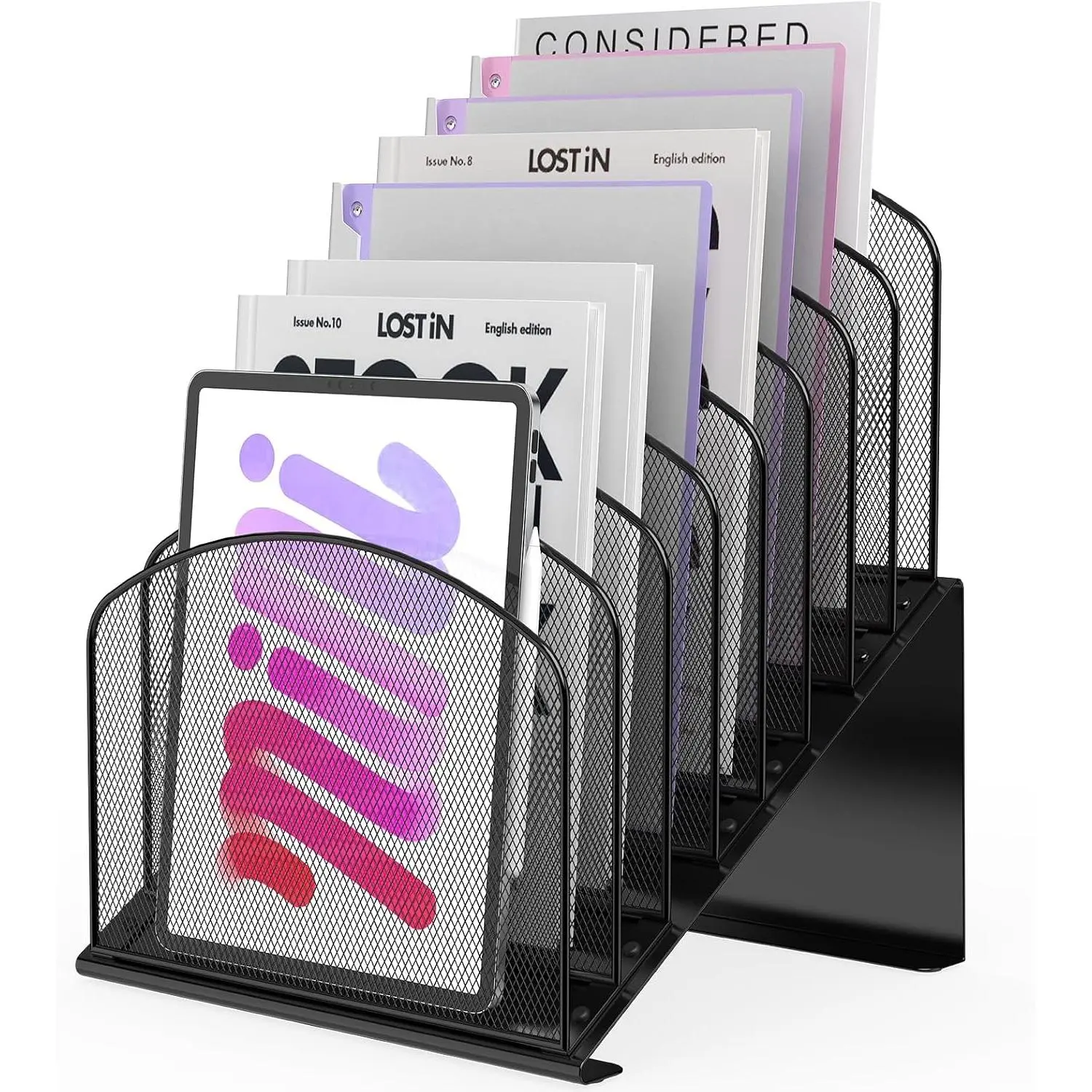 8-Section Vertical Inclined Metal Desk File Organizer Magazine Folder Holder Rack for Office, Home, School, Black