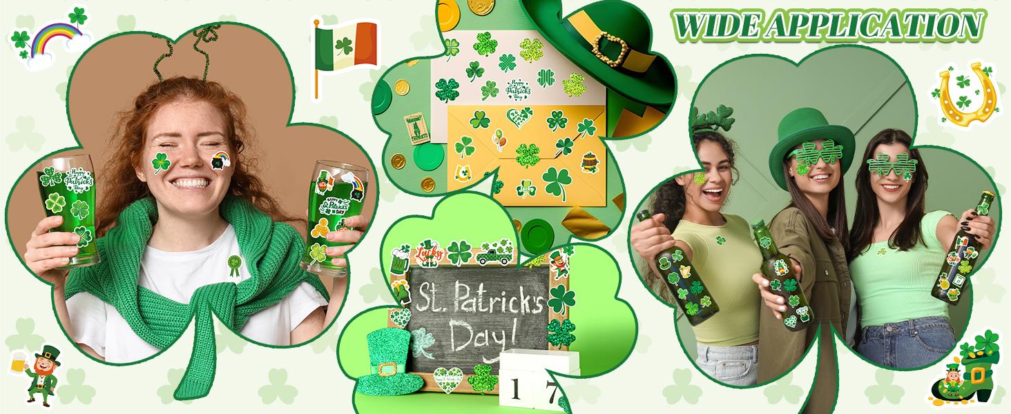 600 Pcs St Patricks Day Stickers, Glitter Shamrock Stickers Roll Green Lucky Sparkly Four Leaf Clover Sticker for Irish Holiday Party Favors Supplies St Patricks Day Decorations Accessories Craft Gift