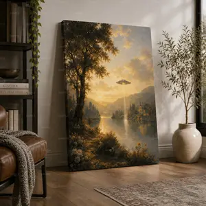 Sci Fi Landscape Canvas Wall Art,  Inspired Sunset Lake Decorative Poster Print, Fantasy Nature Wall Decor for Living Room Bedroom Game Room Office, Available as Unframed Canvas Poster or Framed Canvas Wrap