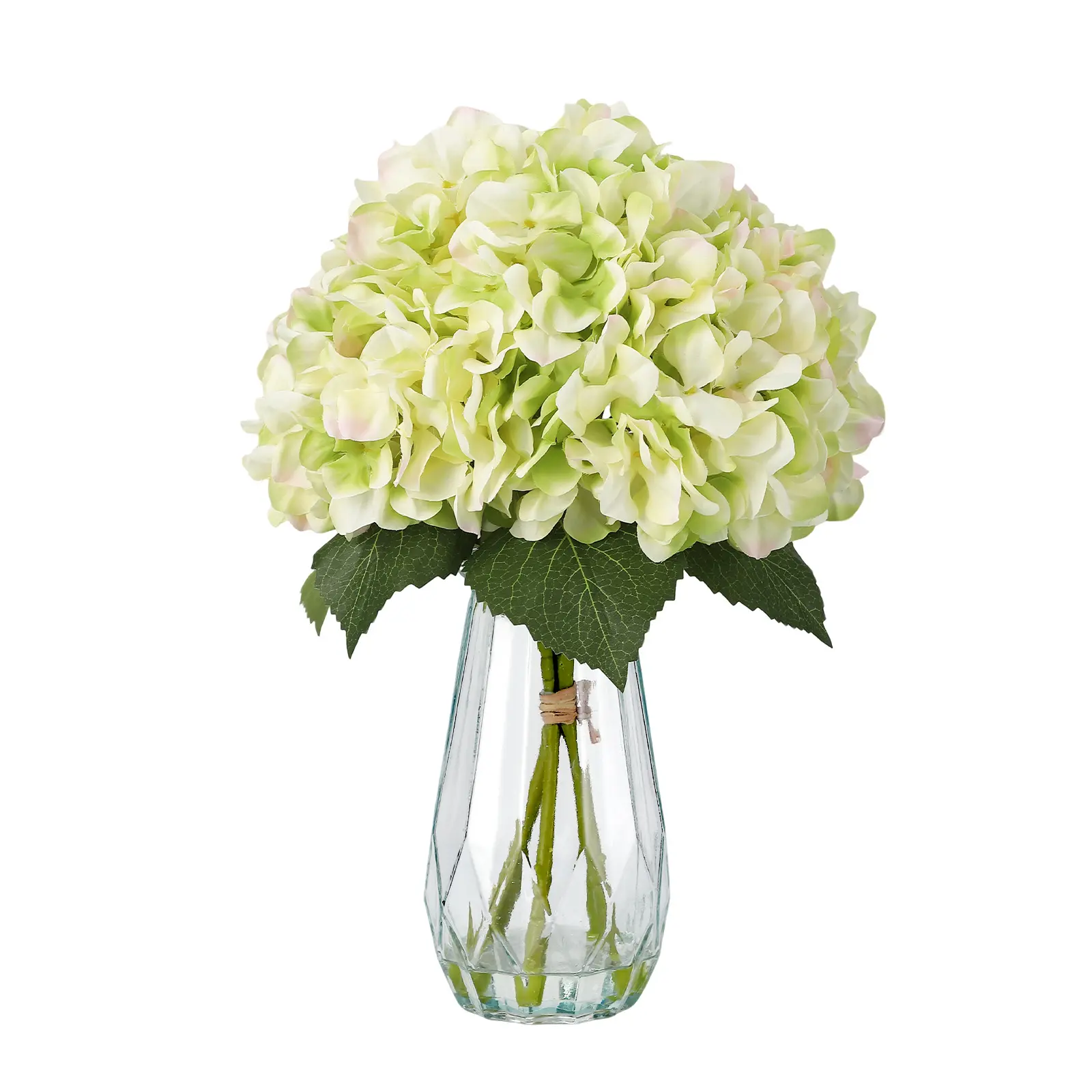 16in Light Green Silk Faux Hydrangea Flowers in Glass Vase with Faux Water Arrangement for Home Office Bathroom Table Centerpiece Shelf Decor